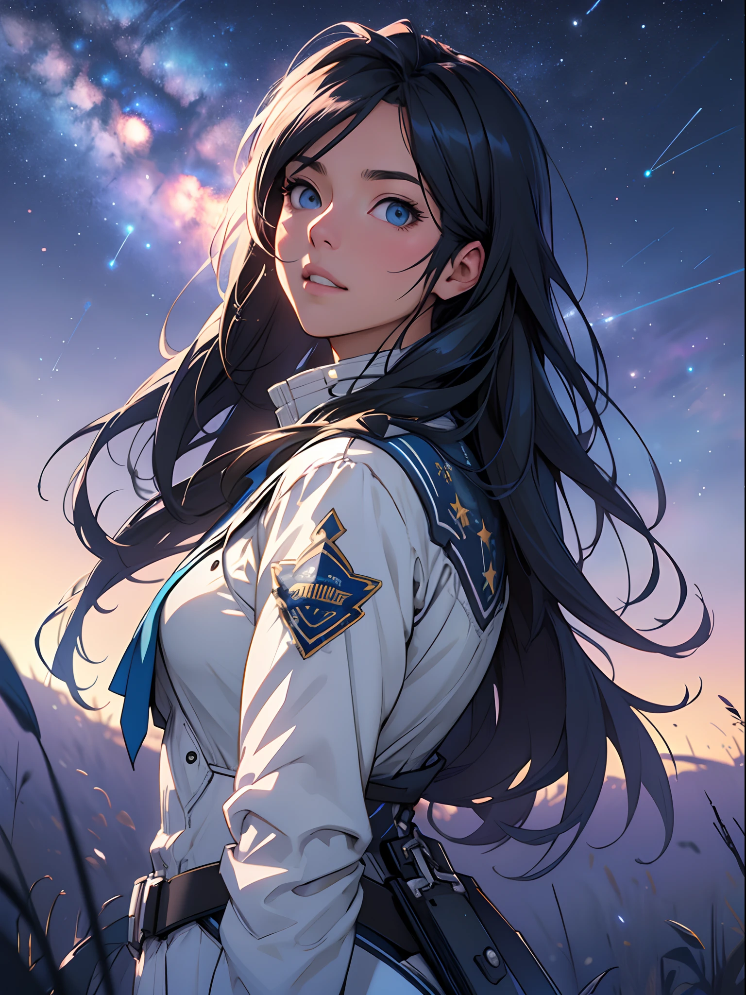 high quality, 8K Ultra HD, ultra-realistic, high detailed, very detailed starry sky, detailed illustration of a beautiful woman looking up at the starry sky in a meadow, Moon, shooting star, Greg Rutkowski, Artgerm, WLOP, Alphonse Beeple, luminism, 3d render, octane render, cinematic, Isometric, by yukisakura, awesome full color, --auto