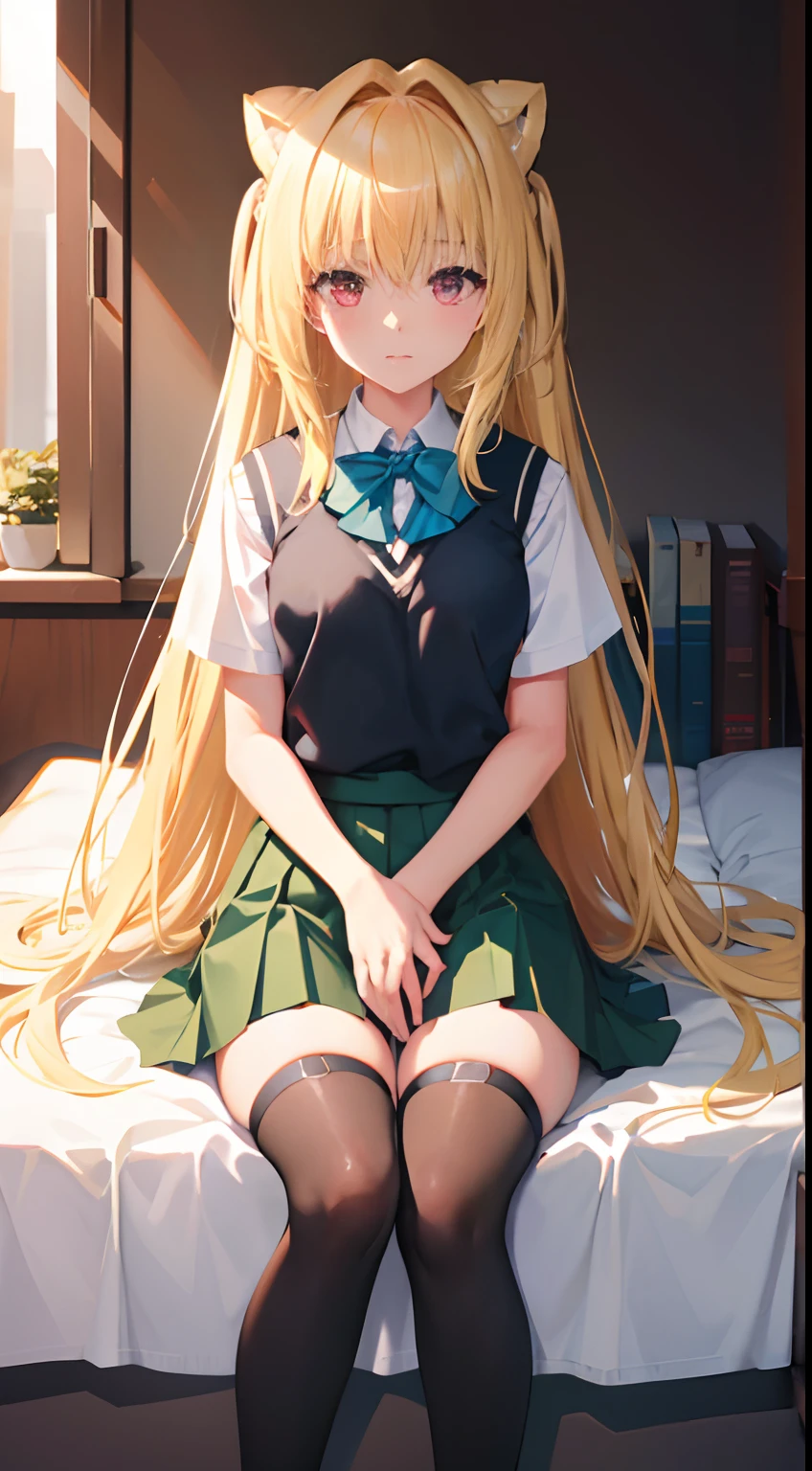 (masterpiece:1.6, best quality), (finely detailed beautiful eyes: 1.2), phyami, yamisch, 1girl, long hair, solo, school uniform, hair ornament, hair between eyes, two side up, blonde hair, very long hair, skirt, red eyes, thigh strap, sweater vest, plaid skirt, plaid, socks, two side up, hair ornament, pleated skirt, kneehighs
,