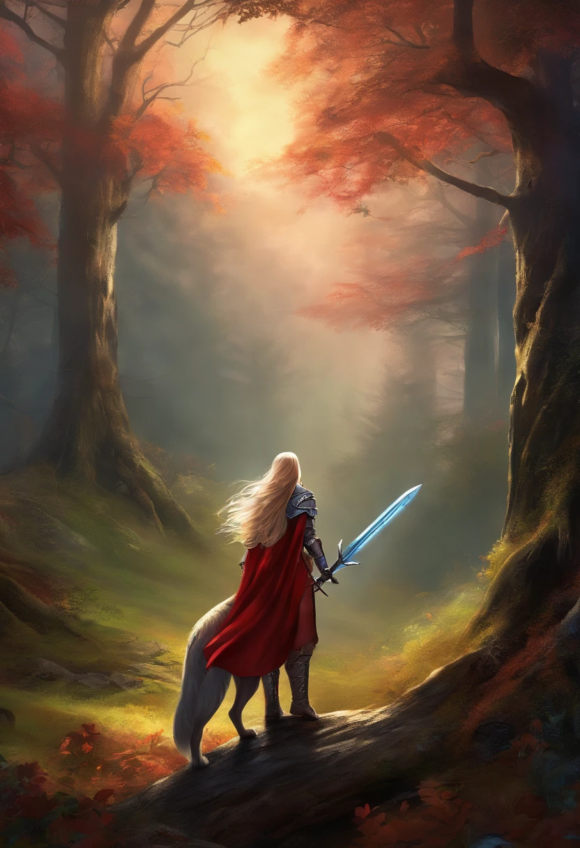 fantasy art, RPG art, Dark fantasy art, ultra wide shot, RAW, photorealistic, a picture of female human ranger and her wolf pet, the ranger, an exquisite beautiful human woman, long blond hair, braided hair, green eyes, wearing leather armor, wearing (red cloak: 1.1), armed with a (sword: 1.3), wearing laced boots, standing in a dark forest at night, (mist rising from the grounds: 1.3), a sense of dread and fear, yet she stands defiant and fearless, her wolf pet stands near her, protecting her, dark fantasy forest background, best quality, 16k, [ultra detailed], masterpiece, best quality, (ultra detailed), full body, ultra wide shot, photorealism