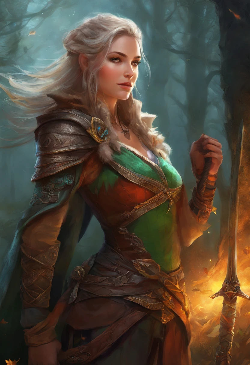 fantasy art, RPG art, Dark fantasy art, ultra wide shot, RAW, photorealistic, a picture of female human ranger and her wolf pet, the ranger, an exquisite beautiful human woman, long blond hair, braided hair, green eyes, wearing leather armor, wearing (red cloak: 1.1), armed with a (sword: 1.3), wearing laced boots, standing in a dark forest at night, (mist rising from the grounds: 1.3), a sense of dread and fear, yet she stands defiant and fearless, her wolf pet stands near her, protecting her, dark fantasy forest background, best quality, 16k, [ultra detailed], masterpiece, best quality, (ultra detailed), full body, ultra wide shot, photorealism