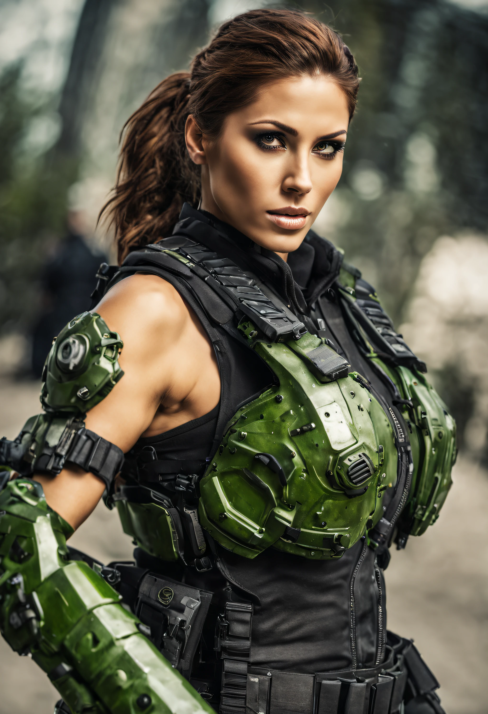 cuerpo entero, la escultural y bellisima alicia varela de gears of war, de ojos supergrandes en relacion a su cara , con el iris de color verde brillante, con su sexy uniforme militar de combate, se encuentra en una ciudad con sus edificios semiderruidos.