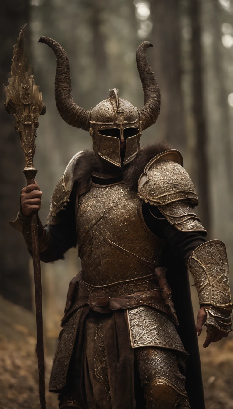Warrior, concept-art, Authors：Kisigank, Fantasy Art, Battlefield Background, Clean Rendering, Horned, Wear a suit of armor, Detailed Bushido Foam Smoke, Helmet of the Forgotten God, the character is standing, 8k realistic, During game rendering, detailed face background detail, Art Station Top Page, taur, Pseudo-medieval fantasy, God in carp armor, Detailed bronze armor, bronze armor, Golden etched armor, gold obsidian armor, Light gold armor, Gorgeous Filigree Armor, Demon Warrior, Gorgeous armor full of thorns, Complex assassination armor, Complex metal armor, Powerful Warrior, Dressed in luxurious gold armor，Decorated with intricate patterns, The helmet has a large crown and two horns,Glowing red eyes， Everything is in the dark, Smoky backgrounds hint at battle scenes, Adding an ominous aura to his character，posed, Full body shot.fully body photo