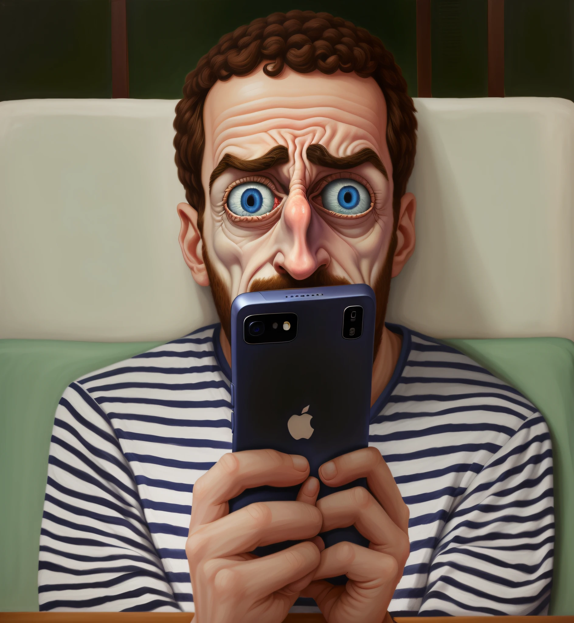 Homem com um olhar surpreso no rosto olhando para o telefone, olhando para o telefone dele, olhar horrorizado em seus olhos, Alex Grosso, technological anguish, pintura digital dos desenhos animados, Enormes olhos surpresos, desenhos animados realistas, horrified expression, parecendo surpreso, olhar assustado, scared expression, ansioso. altamente detalhado, intense expression, estilo de arte realista, its a deep dream