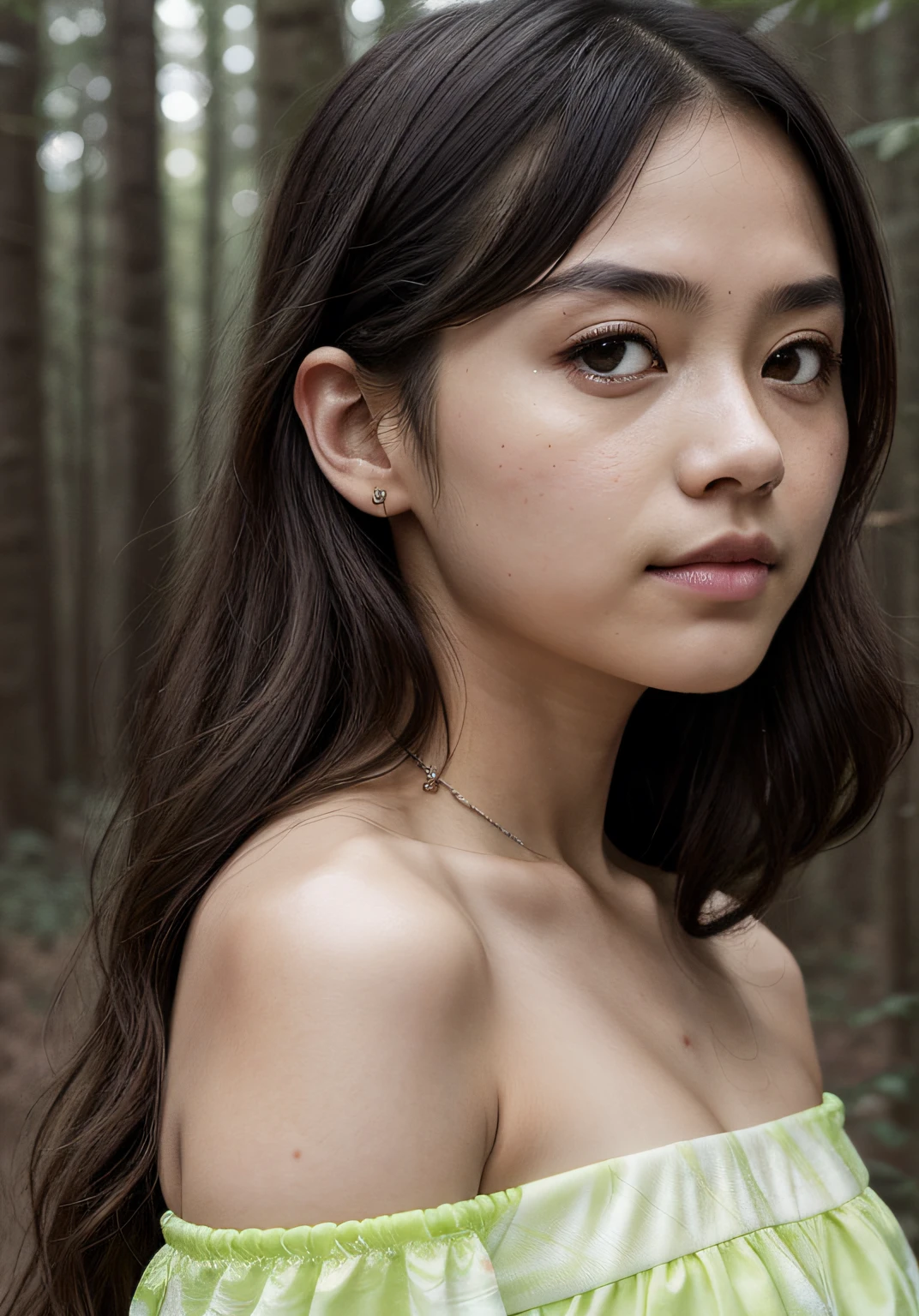 A close-up portrait shot,(photo Realistic:1.4), (hyper Realistic:1.4), (Realistic:1.3), best quality, beautiful asian,middle ages,19 years old,slender,in the forest,Detailed skin texture,Sleeveless,feet,Dirty Skin