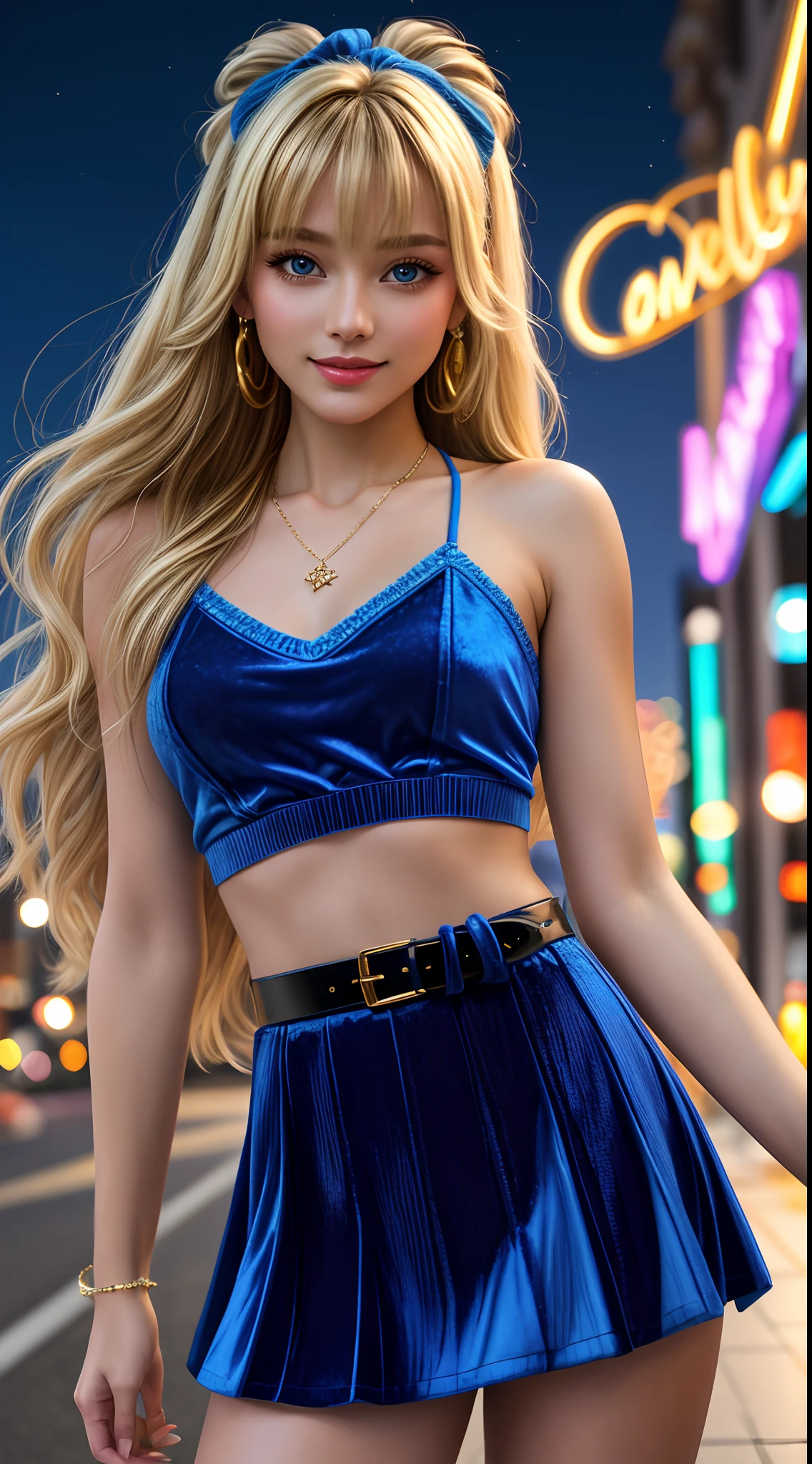 8K, Best Quality, Masterpiece: 1.2) , Super Detail, 1 Girl, Beautiful Details Sky, noght kn los angeles Evening, (Shut Up) Small Tits, Small Beautiful Detail Eyes , Night, girl wearing blue heide velvet trimmed pointelle knit camisole, wearing blue isha velvet trimmed pointelle knit mini skirt, wearing candy the feel electricity holographic belt, smile terry scrunchie, stick ribbon necklace, blonde long hair