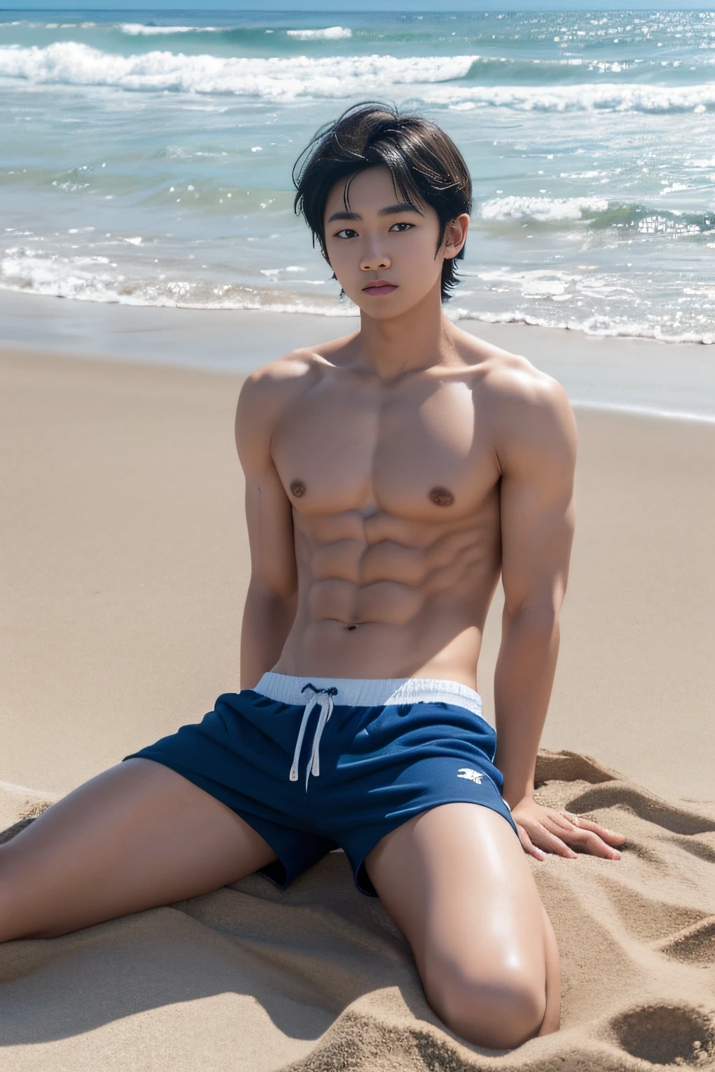 A boy on the beach,Naked upper body, Wearing gym shorts, whitestocking, Wear sneakers, stand on sand,Wearing sweat, There are abs, junior schoial crushing cap, rough breath, Black hair, Messy hair, High nasal bridge bones,largeeyes,modern, Eye level shots, hyper HD, Masterpiece, ccurate