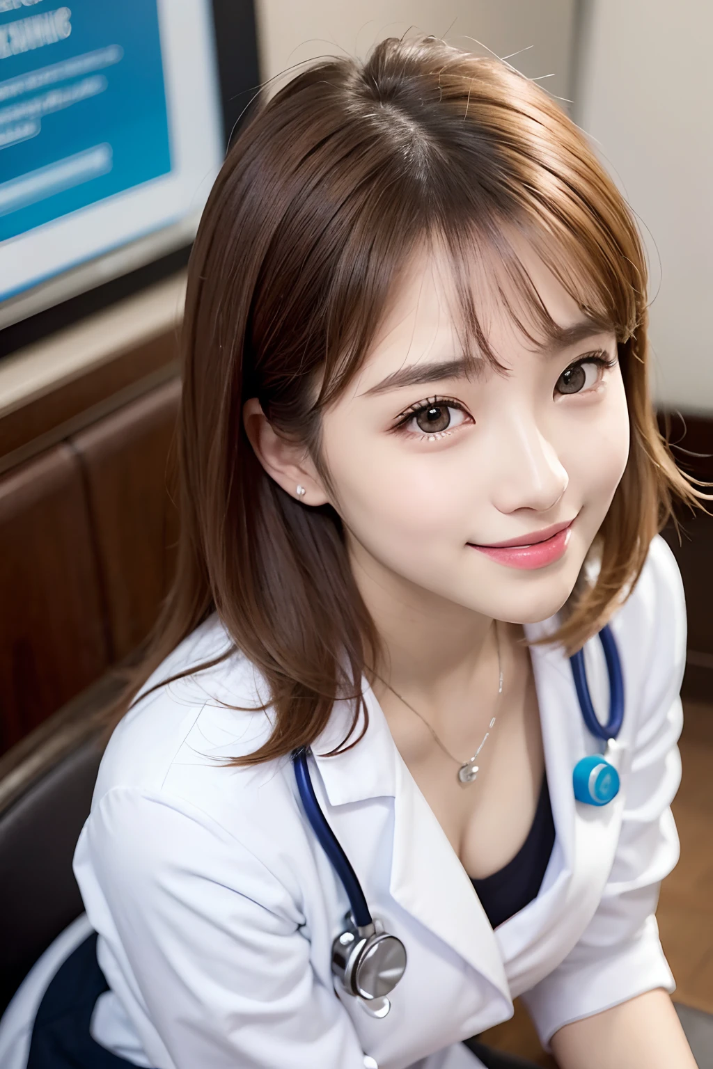 Female doctor in white coat、１Man Woman、(Smile Face:1.1)、Slim Face、The most beautiful women in the world、hyperdetailed face、Detailed eye、二重まぶた、Kamimei、perfect teeth、Perfect tooth alignment、(glistning skin)、(sun-kissed skin)、(real looking skin)、Blurred background、full body Esbian、frontage、Slim Face、Brightly colored clothing、Sit in a chair in the exam room、Wear a stethoscope、From  above、a miniskirt、beautiful hairl、I can see the cleavage、Full Body Pose、(pureerosface_v1:0.8)、a small face、ssmile、A sexy、hide one's hands