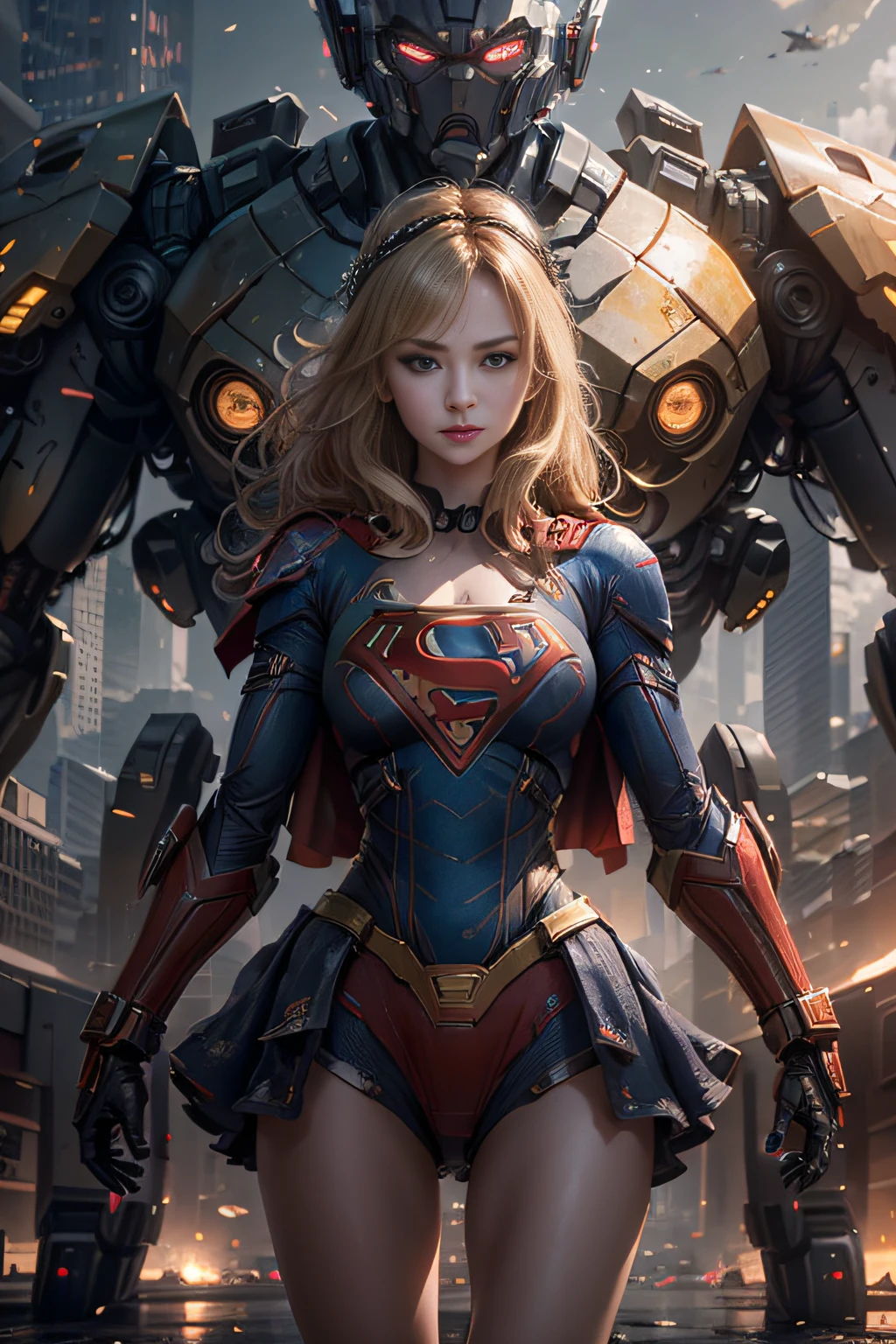 ((Best Quality)), ((Supergirl's Masterpiece)), (Very Detailed: 1.3), 3D, Shitu-mecha, Beautiful cyberpunk woman wearing crown with her ruined mecha of a forgotten war city, long blonde hair, blue eyes, superman S symbol on chest, sci-fi technology, HDR (High Dynamic Range), ray tracing, nvidia RTX, super resolution, unreal 5, subsurface scattering, PBR texture, post-processing, anisotropic filtering, depth of field, maximum sharpness and sharpness, multi-layer texture, specular and albedo mapping, surface shading, accurate simulation of light-material interactions, perfect proportions, octane rendering, duotone lighting, low ISO, white balance, rule of thirds, wide aperture, 8K RAW, high-efficiency subpixels, subpixel convolution, light particles, light scattering, Tyndall effect