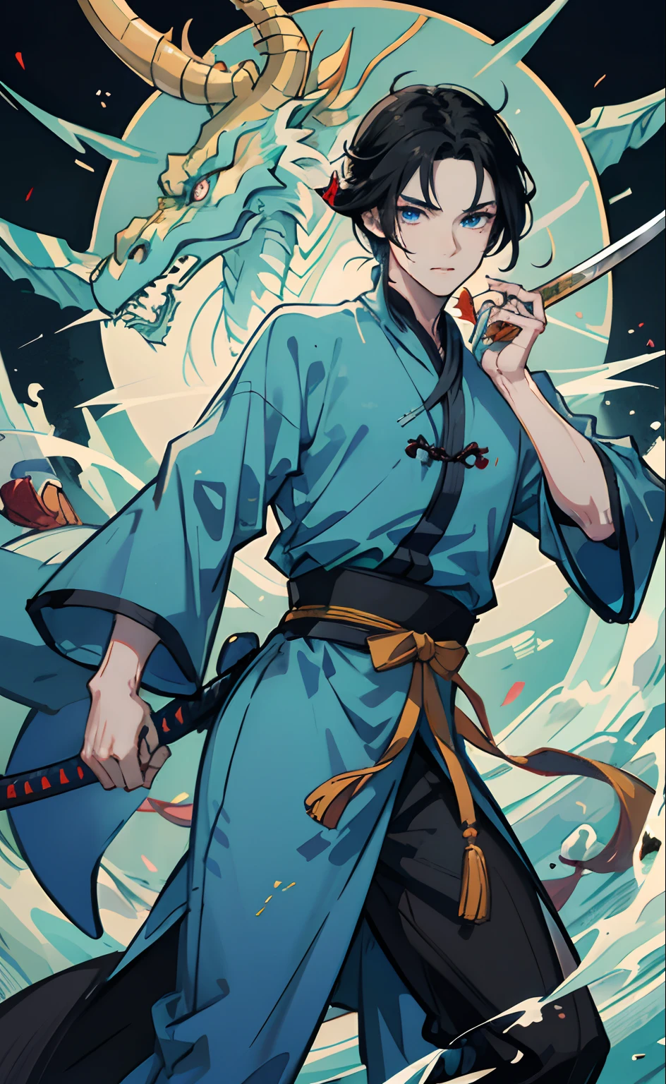shenron, Hanfu, youthfulness, man,Black hair, Blue eyes, having katana, Ice crystals, waterface