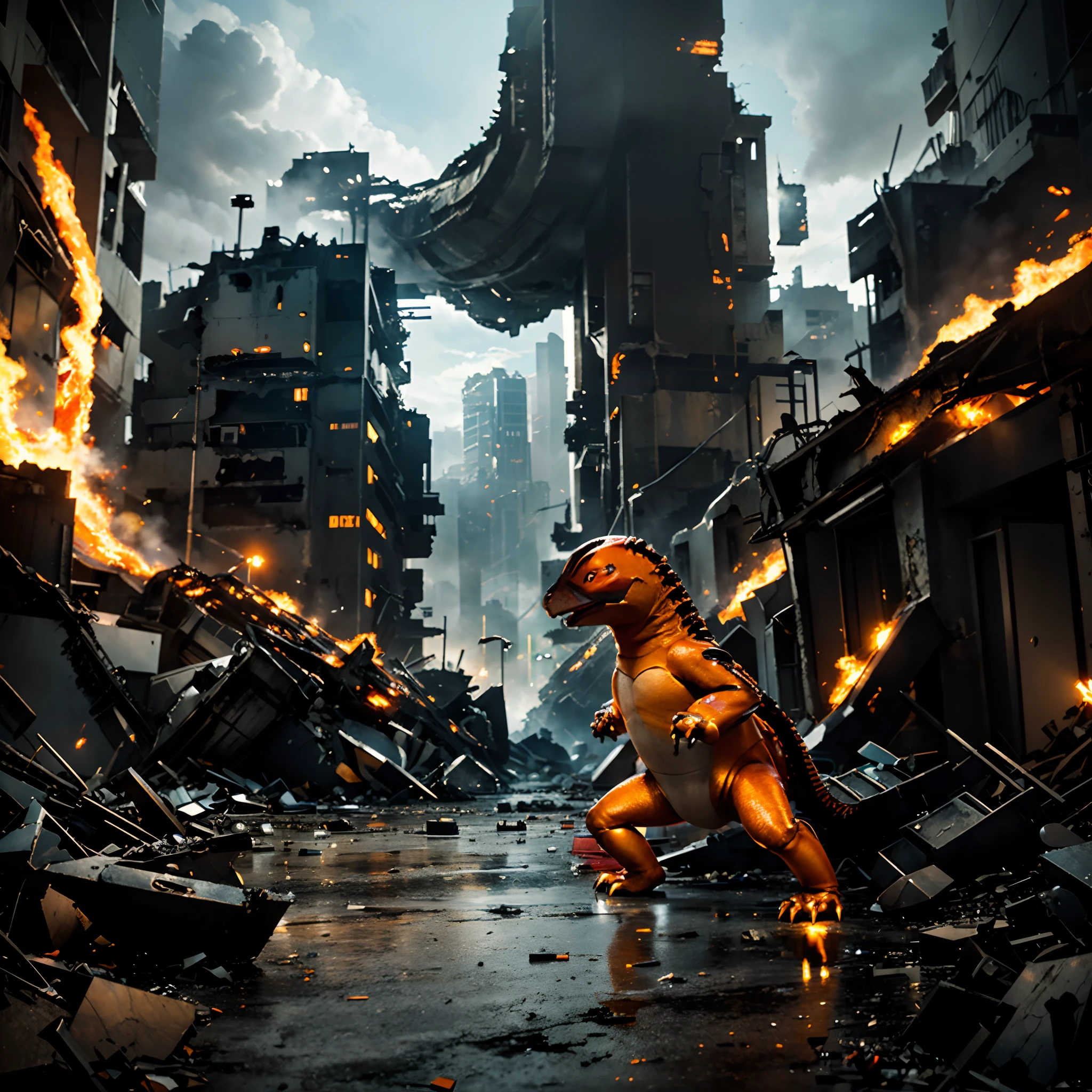 An illustration of charmander with biomechanical arms, biomechanical tail, Easy expression with anger, Background Scenery: A Destroyed Futuristic City, dinamic pose, lighting dramatic, super detalhado