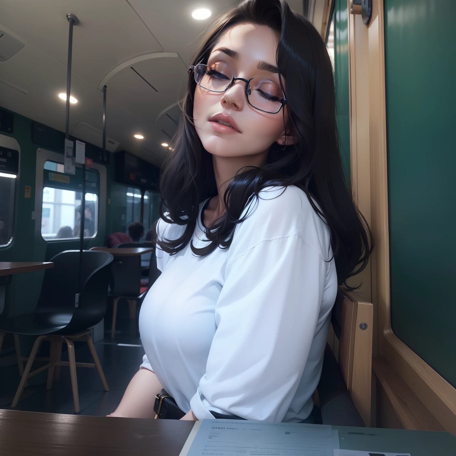1 belle femme, adulte, grand corps, cheveux bruns, semi-wavy hair, Eyelids with make-up, underlined eyelids, lunettes, T-shirt noir, clivage, portant une veste Jean, Veste jean, VESTE EN JEAN SUR UN T-SHIRT, Jeans noirs, Black handbag, dormir assis dans le bus, bouche ouverte, eyes closed