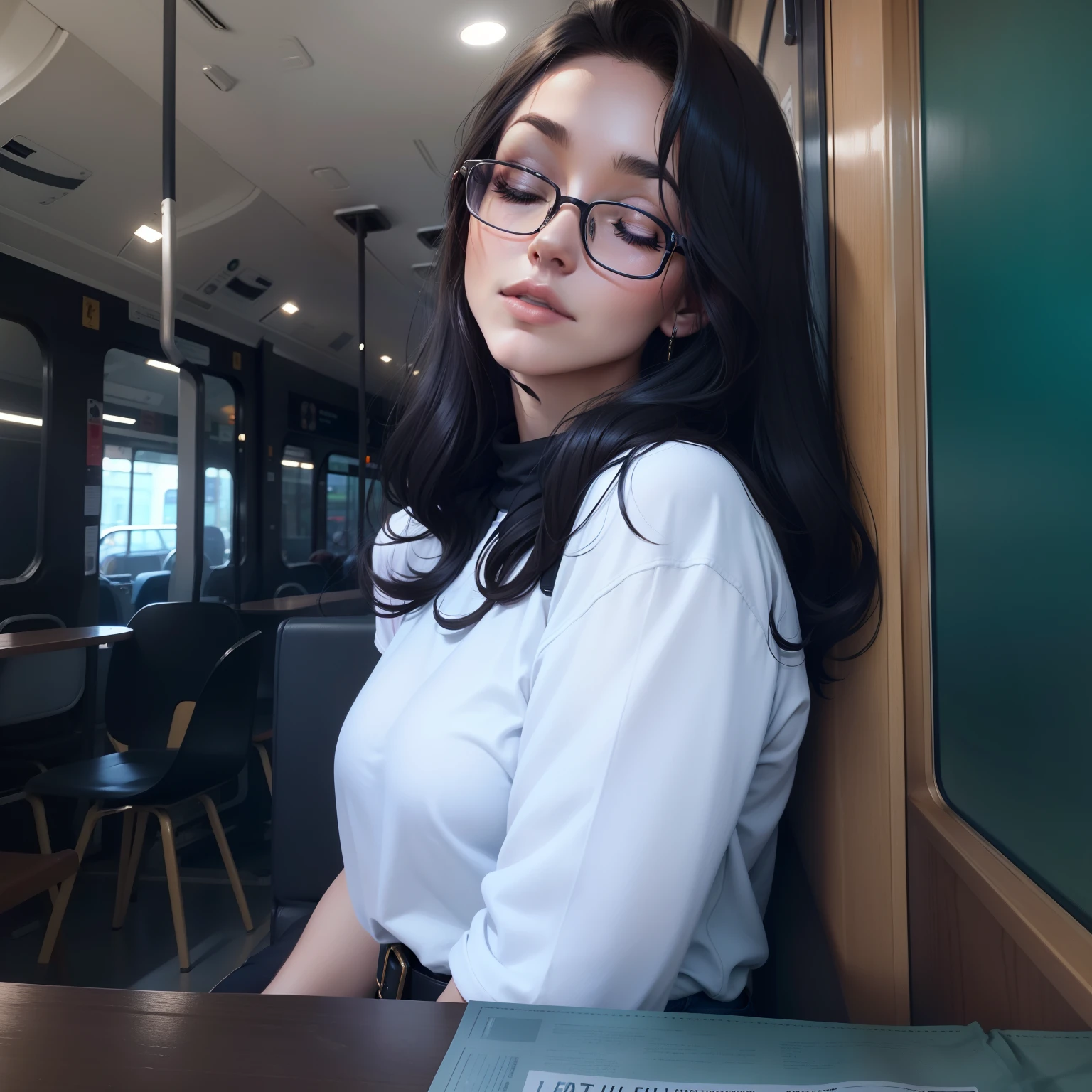 1 belle femme, adulte, grand corps, cheveux bruns, semi-wavy hair, Eyelids with make-up, underlined eyelids, lunettes, T-shirt noir, clivage, portant une veste Jean, Veste jean, VESTE EN JEAN SUR UN T-SHIRT, Jeans noirs, Black handbag, dormir assis dans le bus, bouche ouverte, eyes closed