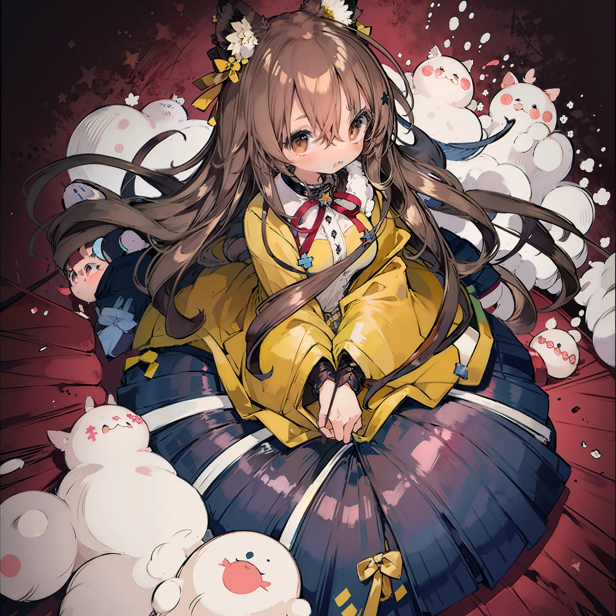 1girl in、(high-level image quality、8K、Lori)Brown dress、Star pattern、Long、Brown hair、Brown eyes、