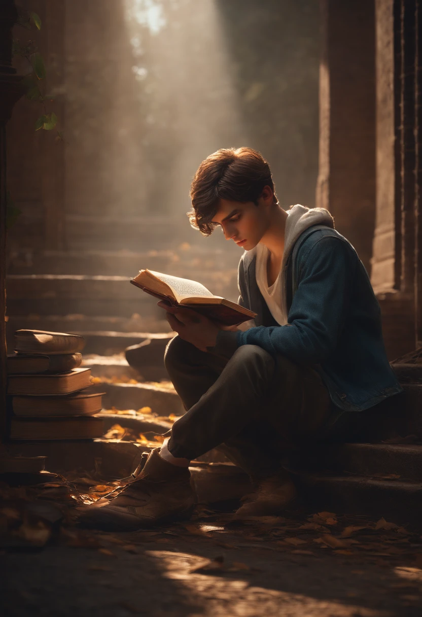 Boy, poor, 24 years old, ultra realistic, brown eyes, poorly cut hair, thin, torn clothes, squatting, finding a book that has an incredible secret