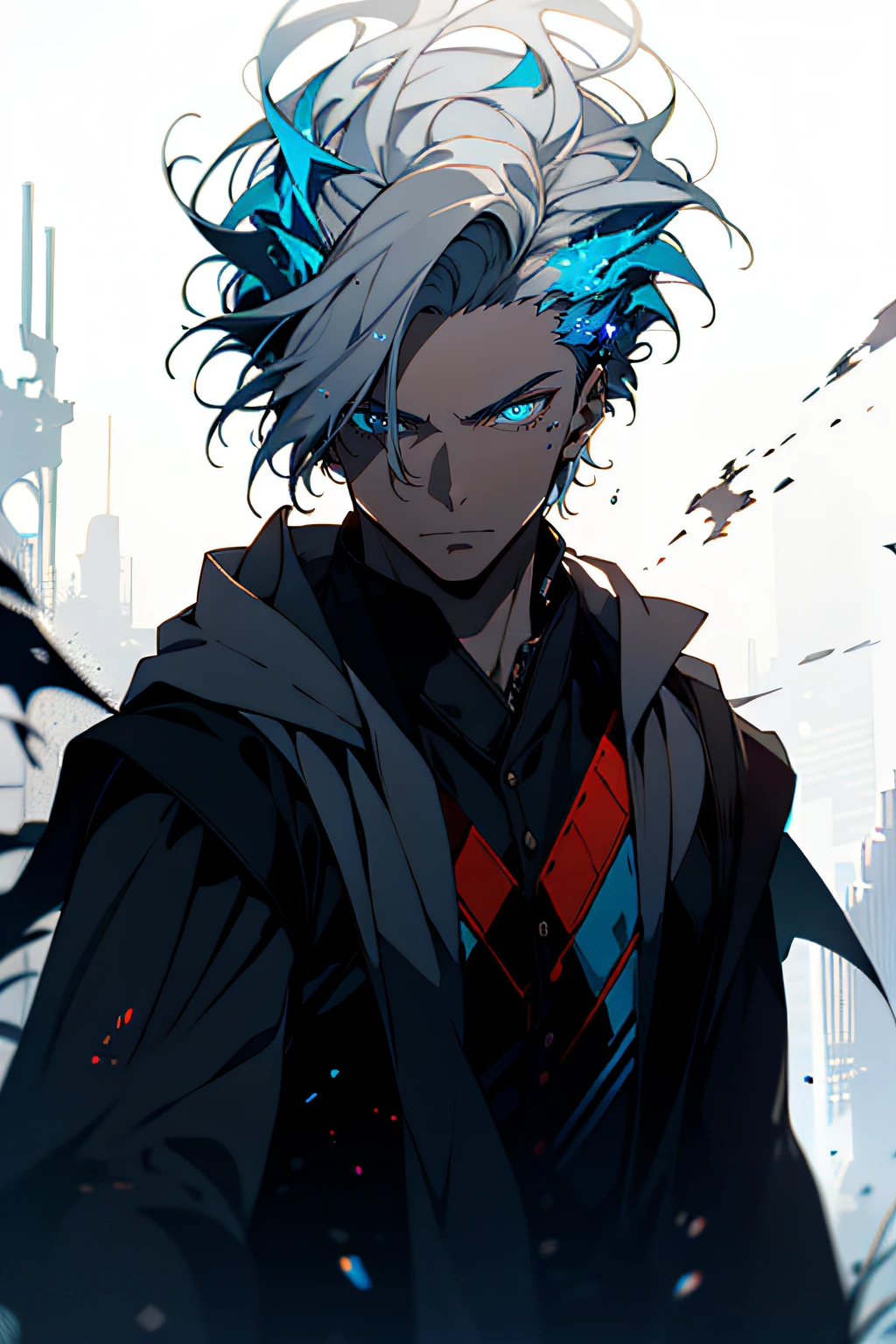 Cyberpunk male, fantasy world, dark background, clean design, epic instagram, artstation, colorful paint splatter, silhouette, hyper detailed intricate details, unreal engine, fantasy, intricate details, splash screen, complementary colors, Fantasy concept art, 8k resolution, deviantart masterpiece, oil painting, heavy strokes, paint dripping, (isolated on white background: 1.3), rainbow skin, (((handsome young man))), ((teenage:1.5) ), (glowing blue eyes), ((light eyes)), ((((short white hair: 1.1))), ((black clothes)), (prince\\(indifferent expression\\),, ( ((Wears high detail luxurious black robe))), white hair, frost magic, ((chest) --v 6
