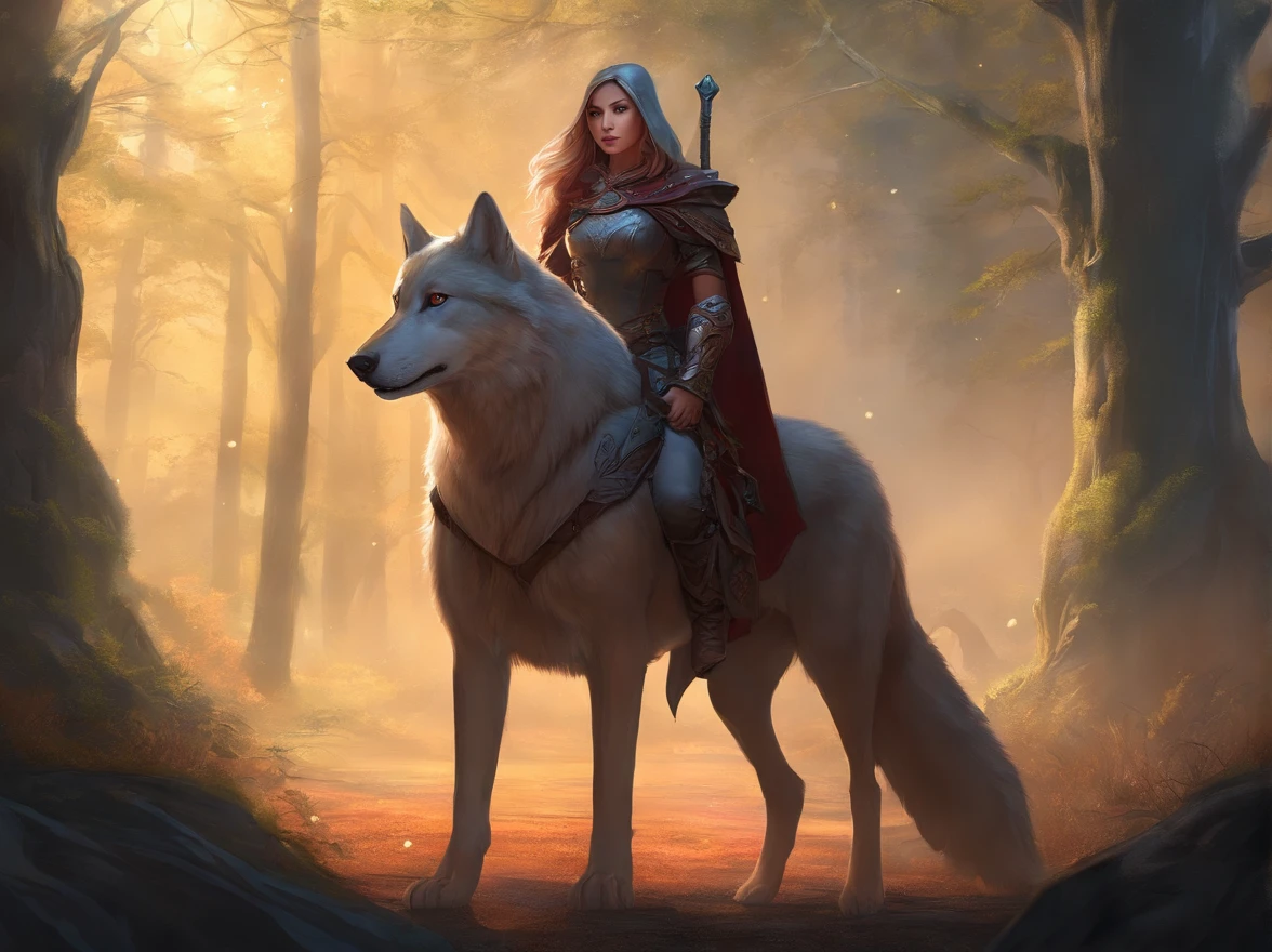 fantasy art, RPG art, Dark fantasy art, ultra wide shot, RAW, photorealistic, a picture of female human ranger and her wolf pet, the ranger, an exquisite beautiful human woman, long blond hair, braided hair, green eyes, wearing leather armor, wearing (red cloak: 1.1), armed with a (sword: 1.3), wearing laced boots, standing in a dark forest at night, (mist rising from the grounds: 1.3), a sense of dread and fear, yet she stands defiant and fearless, her wolf pet stands near her, protecting her, dark fantasy forest background, best quality, 16k, [ultra detailed], masterpiece, best quality, (ultra detailed), full body, ultra wide shot, photorealism