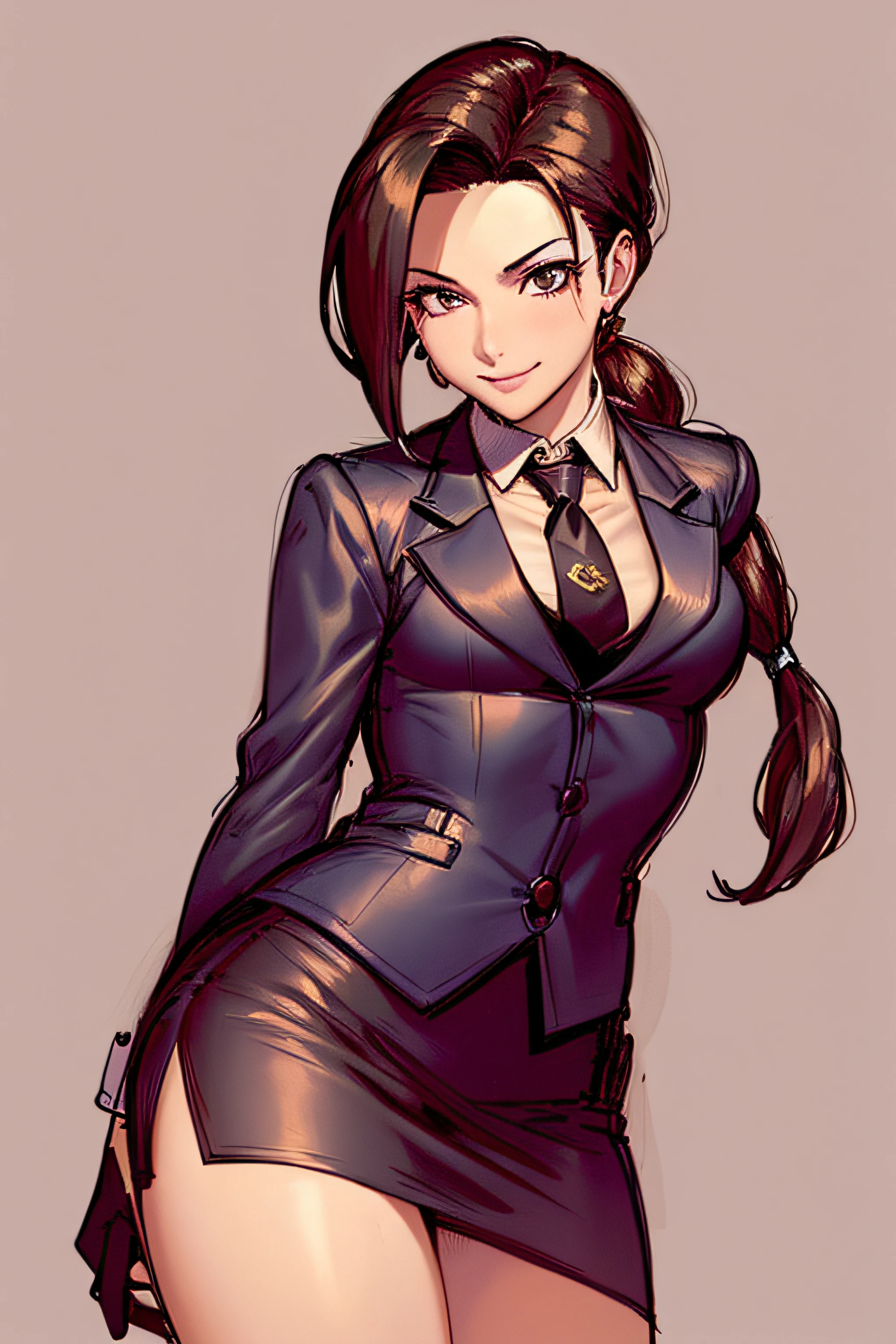 masterpiece, best quality, 1girl, kitana, ponytail, black long hair, closeup, sketch, smile, simple background, skirt suit, (((three-piece suit))), (((necktie))), blazer, (((suit jacket))), (((waistcoat))), double-breasted waistcoat, bodycon miniskirt, pencil skirt,