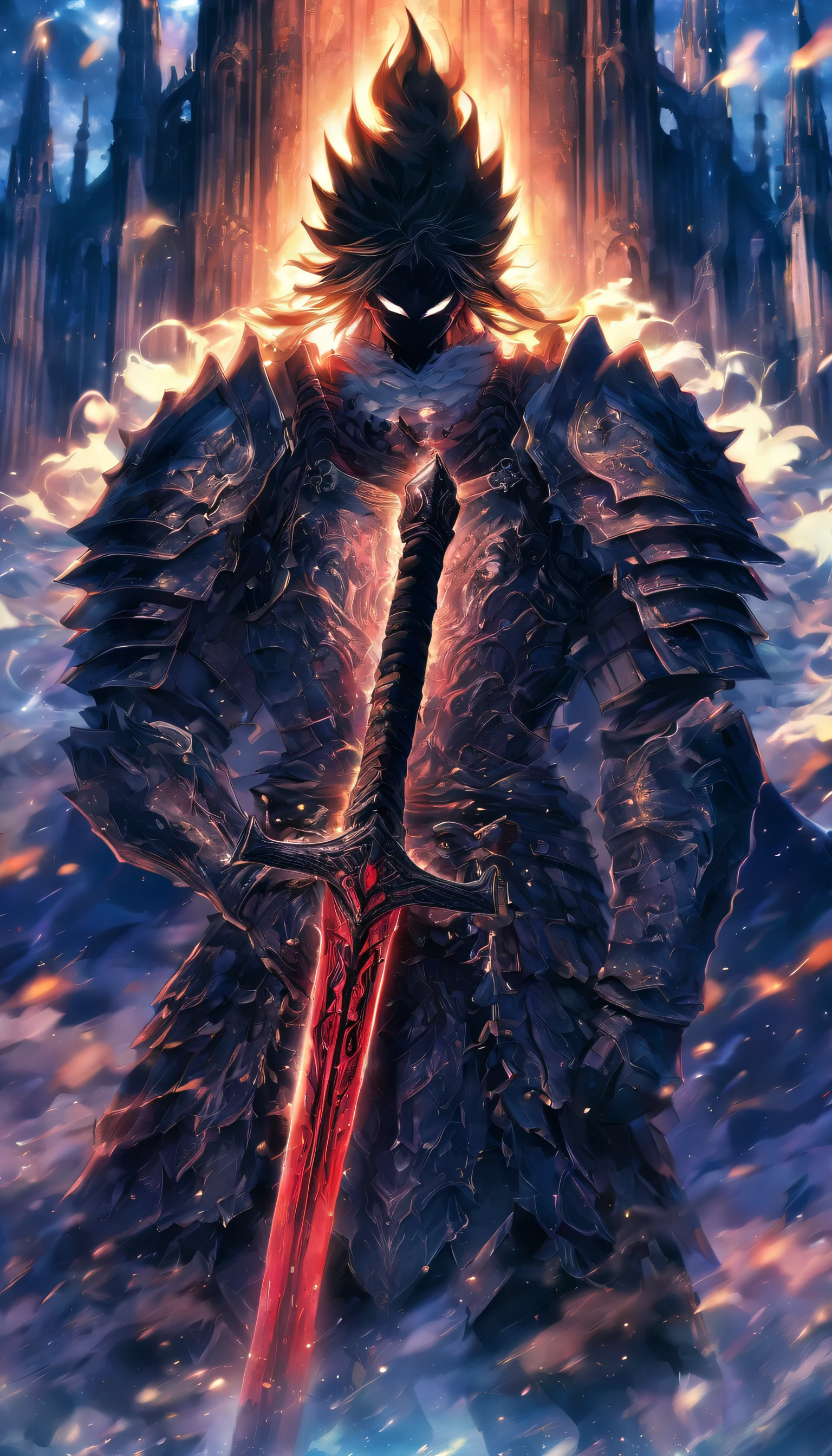 A young and dignified man，(Wearing armor)，(Holding the holy sword)，Stand in the fog, (Black color hair)，(Black pupils)，Behind him there was a huge and magnificent church,32K, Best quality, Masterpiece, Super detail, High detail in Yoshiyo Monogatari anime style