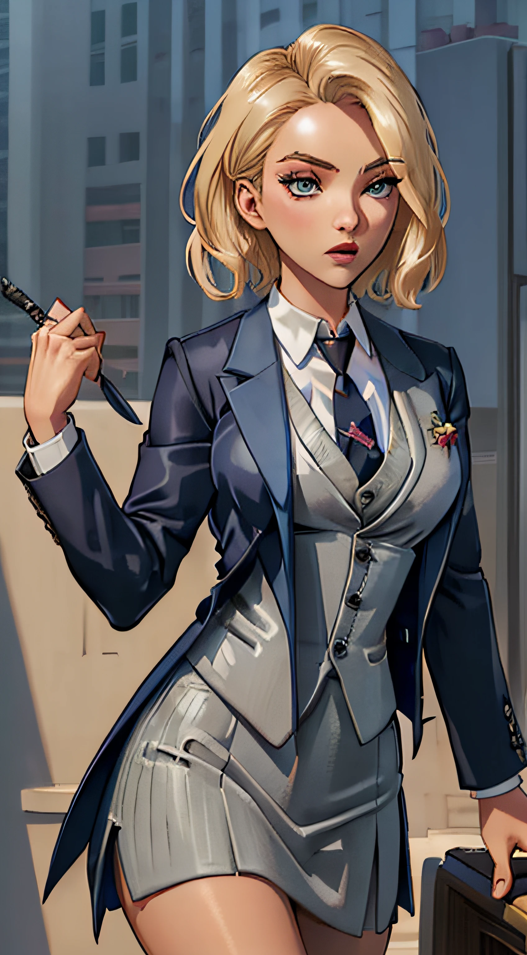 Gwen Stacy, skirt suit, (((three-piece suit))), (((necktie))), blazer, (((suit jacket))), (((waistcoat))), double-breasted waistcoat, bodycon miniskirt, pencil skirt, beautiful Gwen stacy, describe in a concise and modern fashion