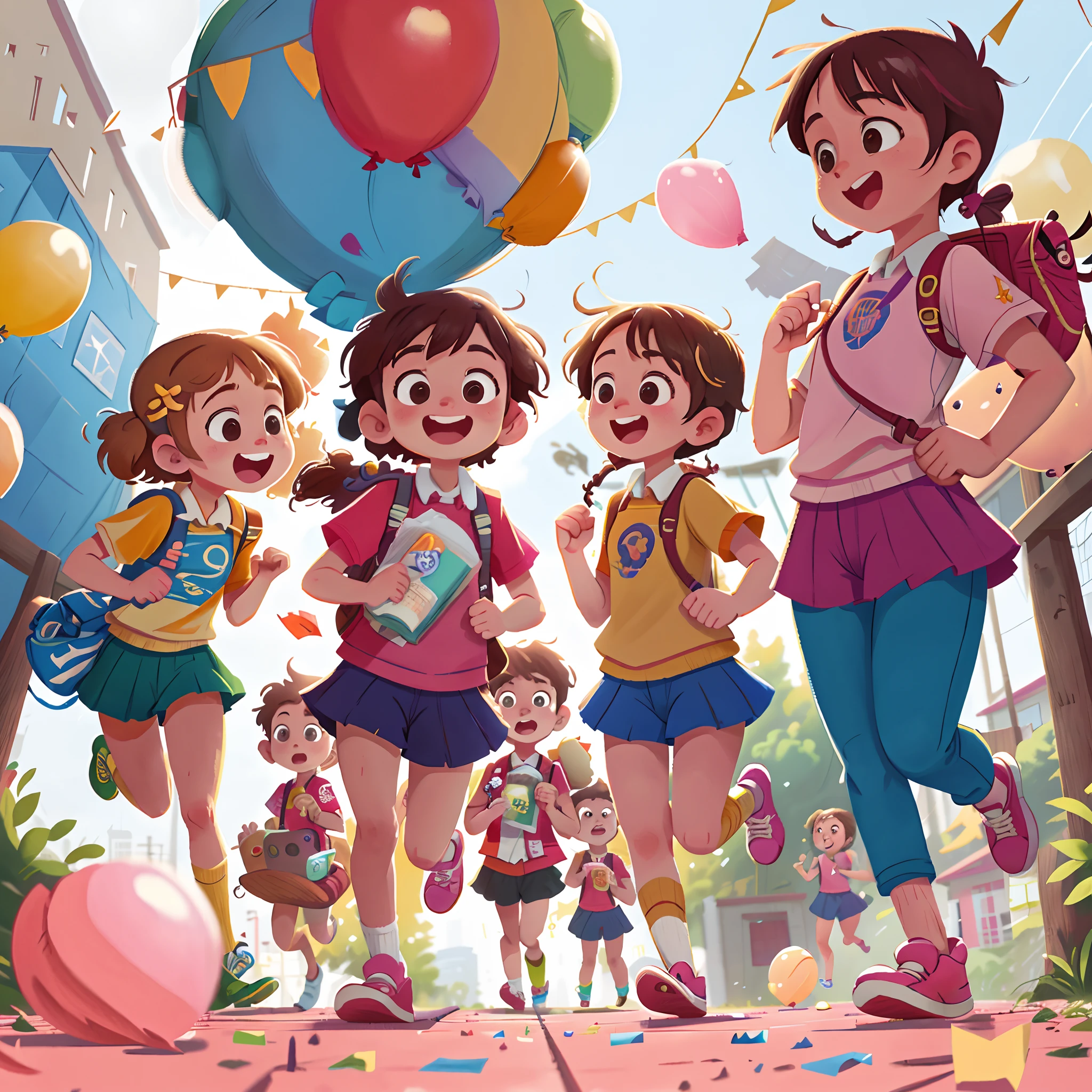 (SFW), a group of running teen midschoolers, in front of the school, holding balloons, happy, happy, perfect quality, clear focus, (clutter - home: 0.8), (masterpiece: 1.2) (Realistic: 1.2) (bokeh) (Best quality) (Detailed skin: 1.3) (Intricate details) (8K) (Detail Eyes) (Sharp Focus), (Happy)