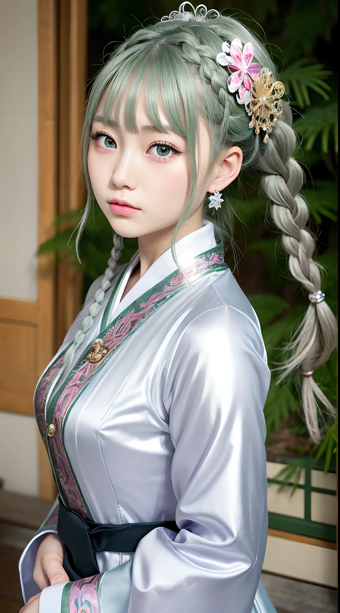 Japan girl is very cute。Has big green eyes、Wearing flashy national costumes、Silver-haired braid、Wearing a lot of ornaments、Royal Girl、