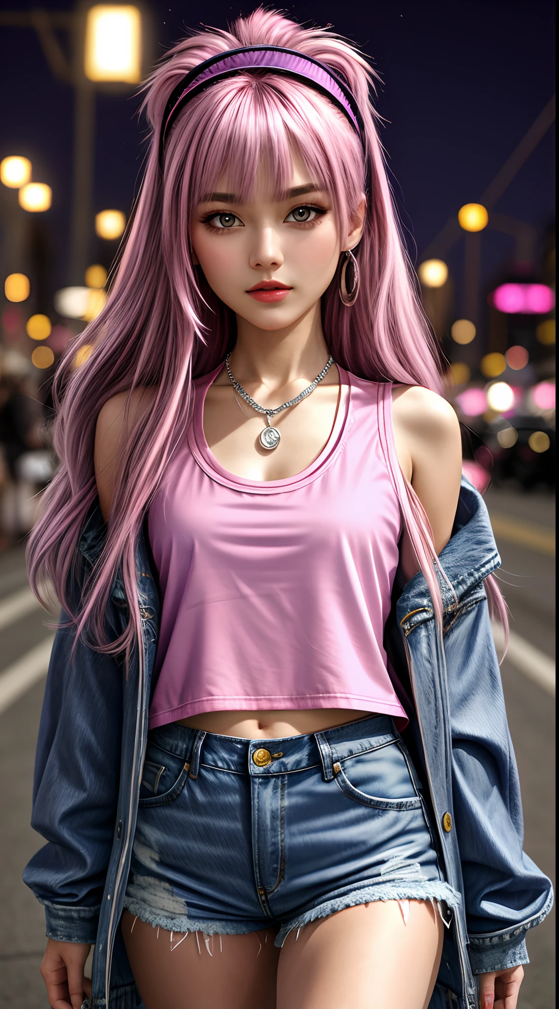 8K, Best Quality, Masterpiece: 1.2) , Super Detail, 1 Girl, Beautiful Details Sky, noght kn los angeles Evening, (Shut Up) Small Tits, Small Beautiful Detail Eyes , Night, girl wearing purple the shrunken faux fur coat, wearing processing shortstop denim short, chain necklace silver, wearing pink contrast scoop neck tee in compact nylon, pink long hair