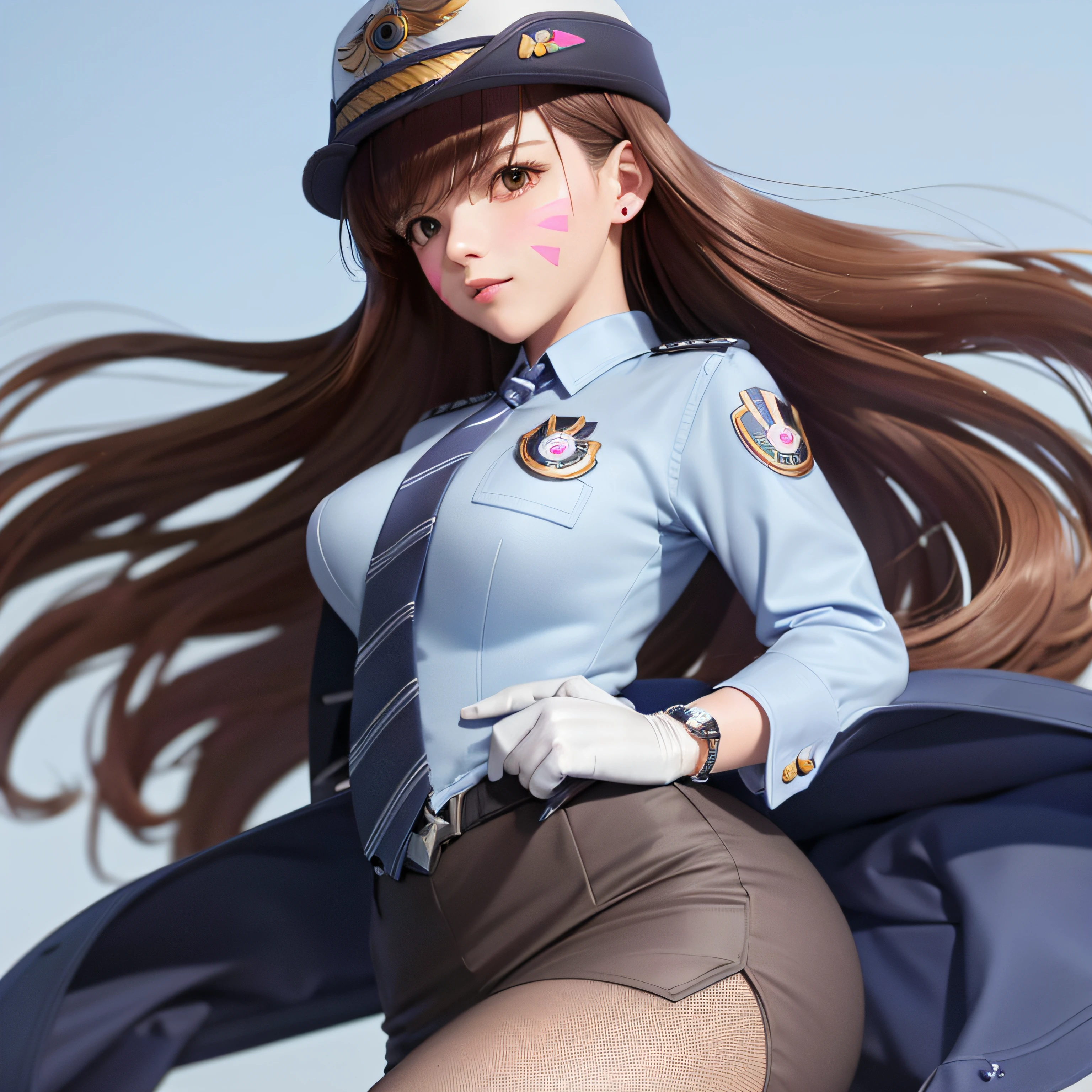 (detailed blue background), masterpiece, best quality, Officer_DVa, female_service_cap, brown_eyes, pink_facial_mark, skirt suit, (((three-piece suit))), (((necktie))), blazer, (((suit jacket))), (((waistcoat))), double-breasted waistcoat, bodycon miniskirt, pencil skirt,