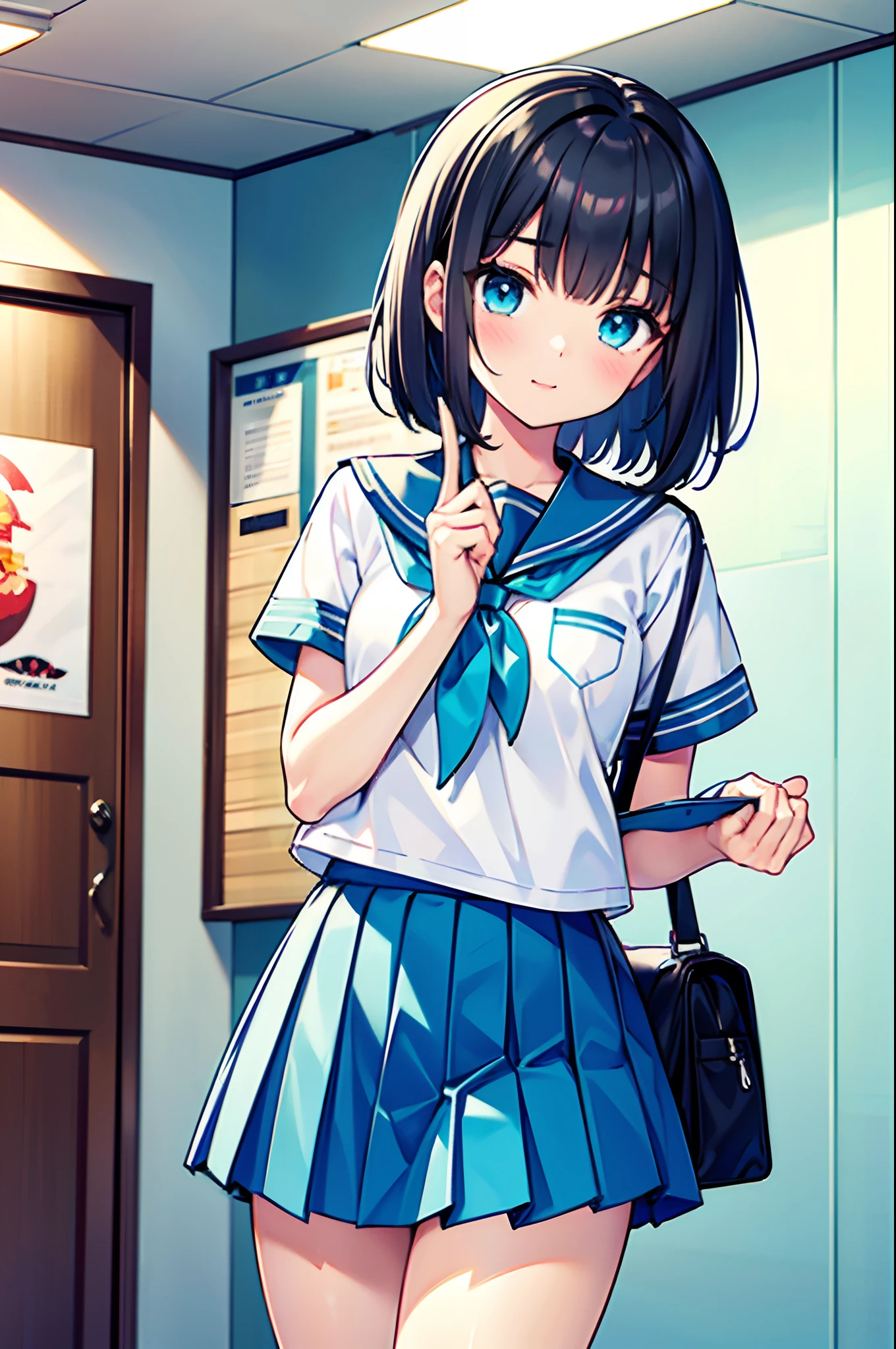 girls，18yr old，with short black hair，Turquoise blue eyes，JK school uniform，white  clothes，Blue miniskirt，are standing，detailed finger，White walls