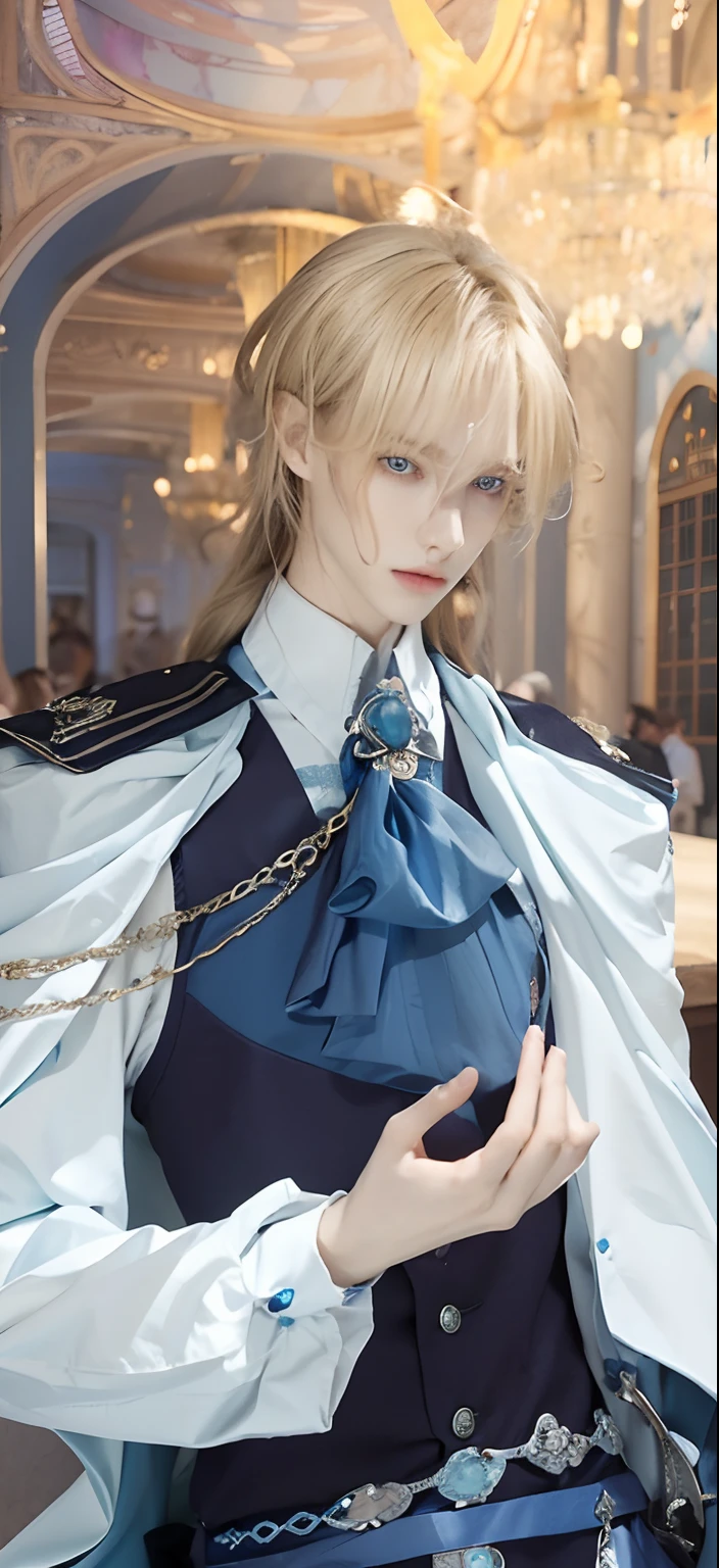 Man Wearing Blue Kravat,Delicate prince, beautiful androgynous prince, portrait of magical blond prince, tall man with blue eyes, elegent, handsome prince,Blonde blue eyes,Live Action,1 male,A hyper-realistic,Long hair,Lashes long,Angelic beauty,Jewel-like blue eyes,