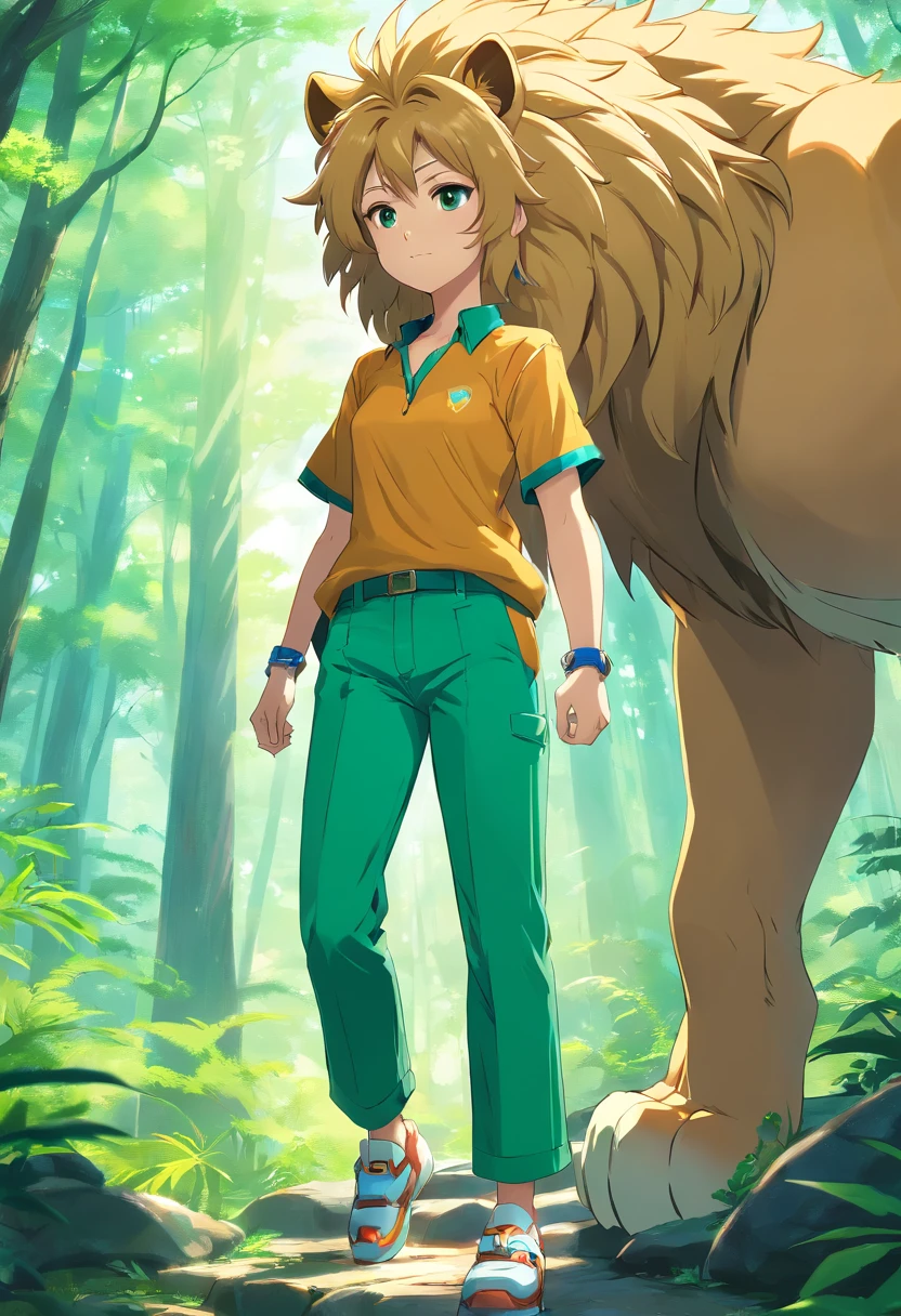 ((foto crua)), ((obra-prima)), Humanoid lion with link traces , furry, detalhe intrincado, 12k, forest behind, muscular arms, Rabo, small head, giant trapezoid, Ogro monstruoso, Titan, soft-lighting, cabelos loiros, olhos amarelos, wearing green pants, camisa azul, Casaco azul, bracelete dourado