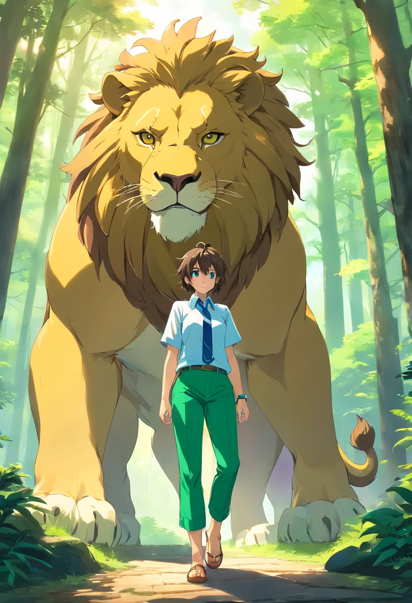 ((foto crua)), ((obra-prima)), Humanoid lion with link traces , furry, detalhe intrincado, 12k, forest behind, muscular arms, Rabo, small head, giant trapezoid, Ogro monstruoso, Titan, soft-lighting, cabelos loiros, olhos amarelos, wearing green pants, camisa azul, Casaco azul, bracelete dourado