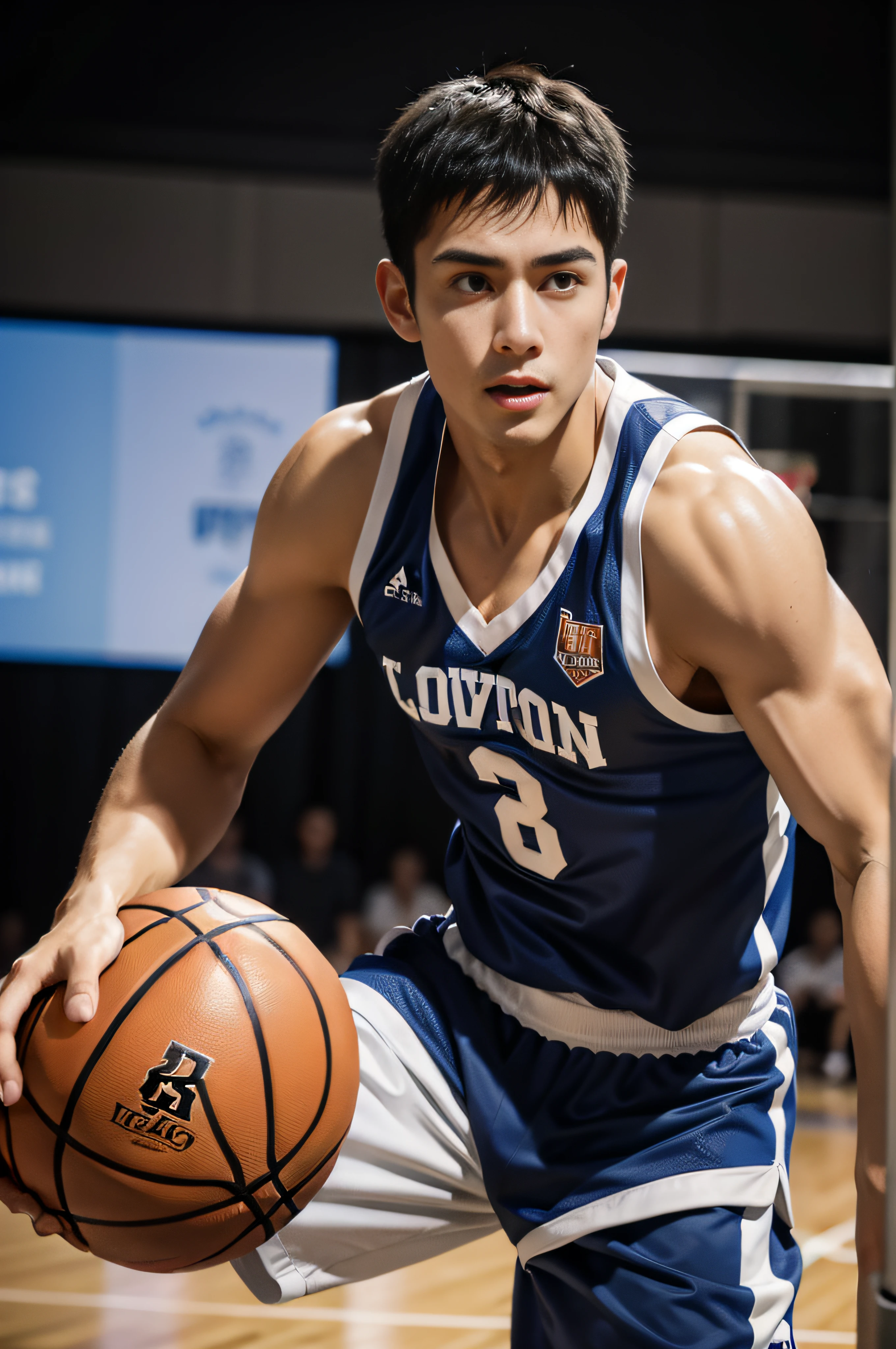 Boy playing basketball on basketball court,sweat leggs,Photos during exercise,Basketball costumes,Masculine,Exquisite facial features,virile,musculature,rich facial detail((The crotch is raised))closeup cleavage