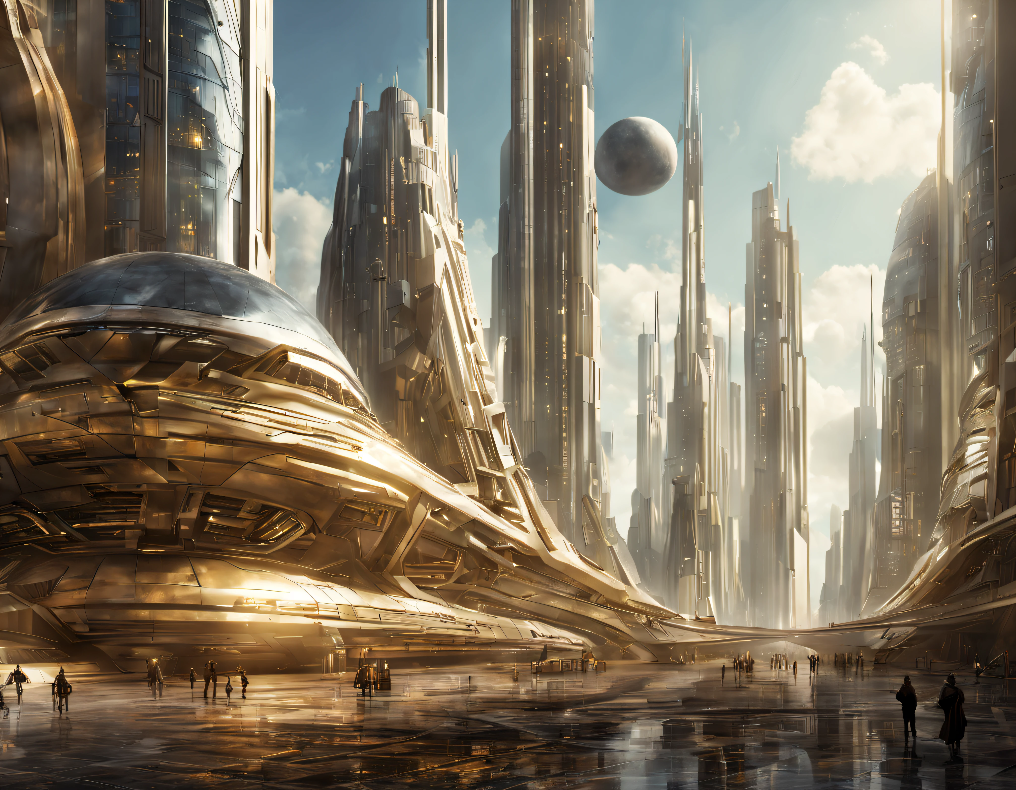 On an unknown planet lies a futuristic fantasy city with immense buildings of technological design (que forman una avenida infinita), con estructuras acristaladas en plata, oro y bronce espectaculares, (con colores vivos). pavimento ensolado (sin brillo). gente paseando. (similar a coruscant). imagen bien definida con muchos edificios juntos. imagen nitida bien definida 8k. los edificios llegan alta el fondo.
