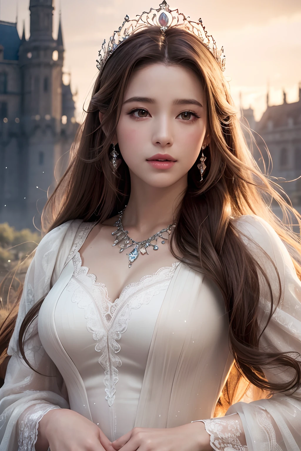 (highres, ultra-detailed, realistic:1.37), aerith, final fantasy, beautiful body, beautiful detailed eyes, detail-oriented nose, luscious lips, long flowing hair, radiant smile, elegant crown, royal attire, intricate jewelry, graceful pose, enchanting expression, majestic castle in the background, vibrant colors, soft lighting, regal atmosphere, atmospheric perspective, stunning landscape, floating clouds, magical aura, timeless beauty, intricate patterns, ethereal ambiance, striking contrast, dreamlike quality, cinematic composition, white dress closeups