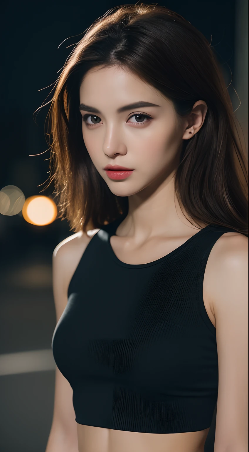 ((Realistic lighting, Best quality, 8K, Masterpiece: 1.3)), Focus: 1.2, 1girl, Perfect Beauty: 1.4, Slim Abs: 1.1, ((Dark brown hair)), (Black crop top: 1.4), (Outdoor, Night: 1.1), City streets, Super fine face, Fine eyes, Double eyelids,