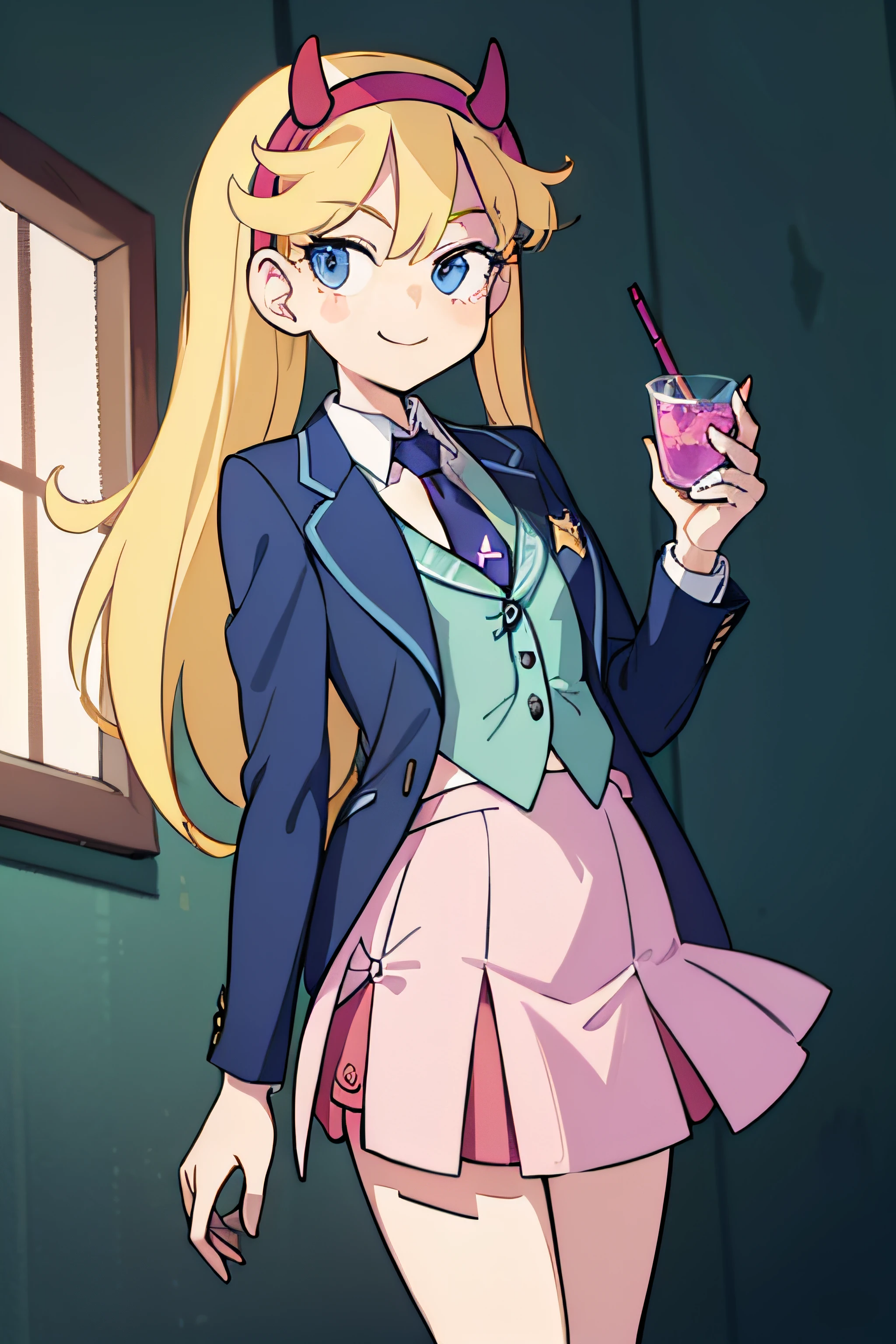 (masterpiece, best quality, high resolution:1.4), 1girl, woman, star butterfly, skirt suit, (((three-piece suit))), (((necktie))), blazer, (((suit jacket))), (((waistcoat))), double-breasted waistcoat, bodycon miniskirt, pencil skirt, horn hairband, smile, looking at viewer