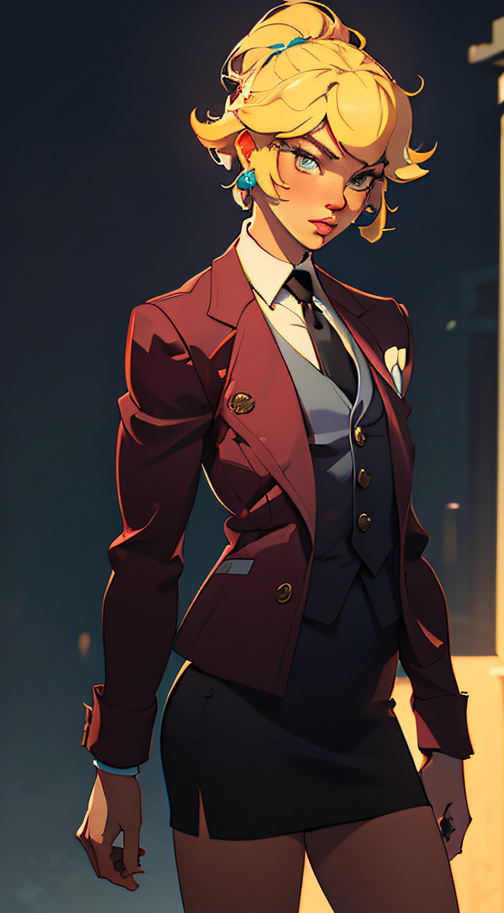 Princess Peach with her blonde hair up in a messy bun; 1960s painting by Robert McGinnis, pulpy, vivid colors, detailed mysterious background, intricate design, UHD, cinematic lighting, focused, dramatic, shadows, character design, sharp focus, dramatic lighting, cinematic, high resolution, concept art, dynamic lighting, high definition, volumetric lighting, triadic colors, skirt suit, (((three-piece suit))), (((necktie))), blazer, (((suit jacket))), (((waistcoat))), double-breasted waistcoat, bodycon miniskirt, pencil skirt,