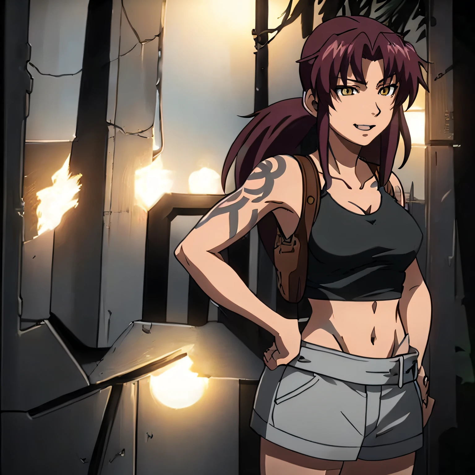 masterpiece,high quality,solo,outdoors, smirk,open mouth,hands on the hips, revy,1woman, long hair,ponytail,brown hair,yellow eyes,tattoo,shoulder tattoo,arm tattoo, collarbone,cleavage,breasts,bare shoulders,black tank top,shoulder holster, midriff,, breasts
