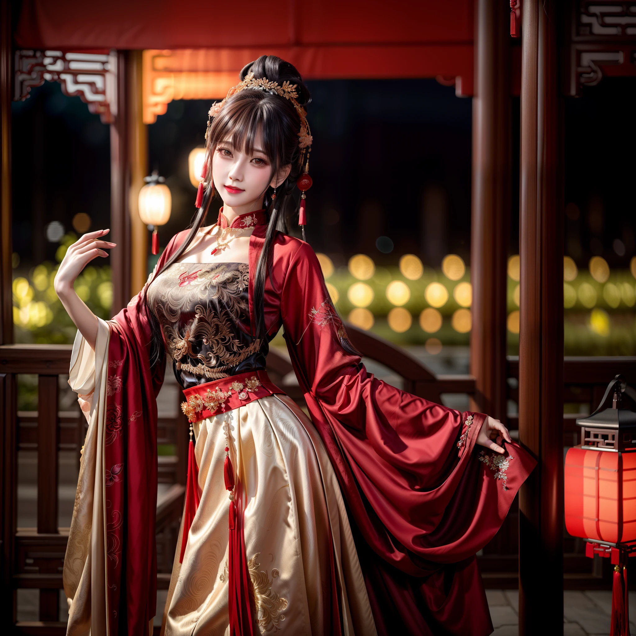 best qualtiy，tmasterpiece，A high resolution，1girll，Chinese wedding dress，hair adornments，choker necklace，jewely，beauitful face，after sexing_Body，Tyndall effect，realisticlying，Dark Studio，edge lit，twotonelighting，（highdetailskin:1.2），8K  UHD，digital SLR camera，gentle illumination，high high quality，Volumetriclighting，Frankness，photore，A high resolution，4K，8K，Bokeh,In the city