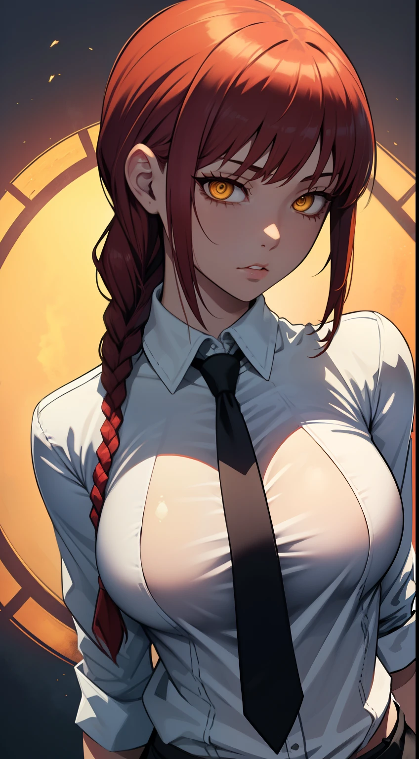Beautiful figure, Wasp waist, Very beautiful body, Erotica, (((Masterpiece))), Best Quality, 1girl, Yellow eyes, ((collared white shirt)), red hair, braided hair, 1hair, ringed eyes, Simple background, black necktie, makima, makima \(chainsaw man\), looking a viewer, 独奏, upper-body, Cherecter Desing, Very detailed, Detailed body, Vibrants, Detailed Face, sharp-focus, anime art, Vibrants, Detailed Face, Hugh Details, sharp-focus, Very drooping face, A detailed eye, super fine illustration, better shadow, finely detail, Beautiful detailed glow, Beautiful detailed, Extremely detailed, expressionless, epic composition,