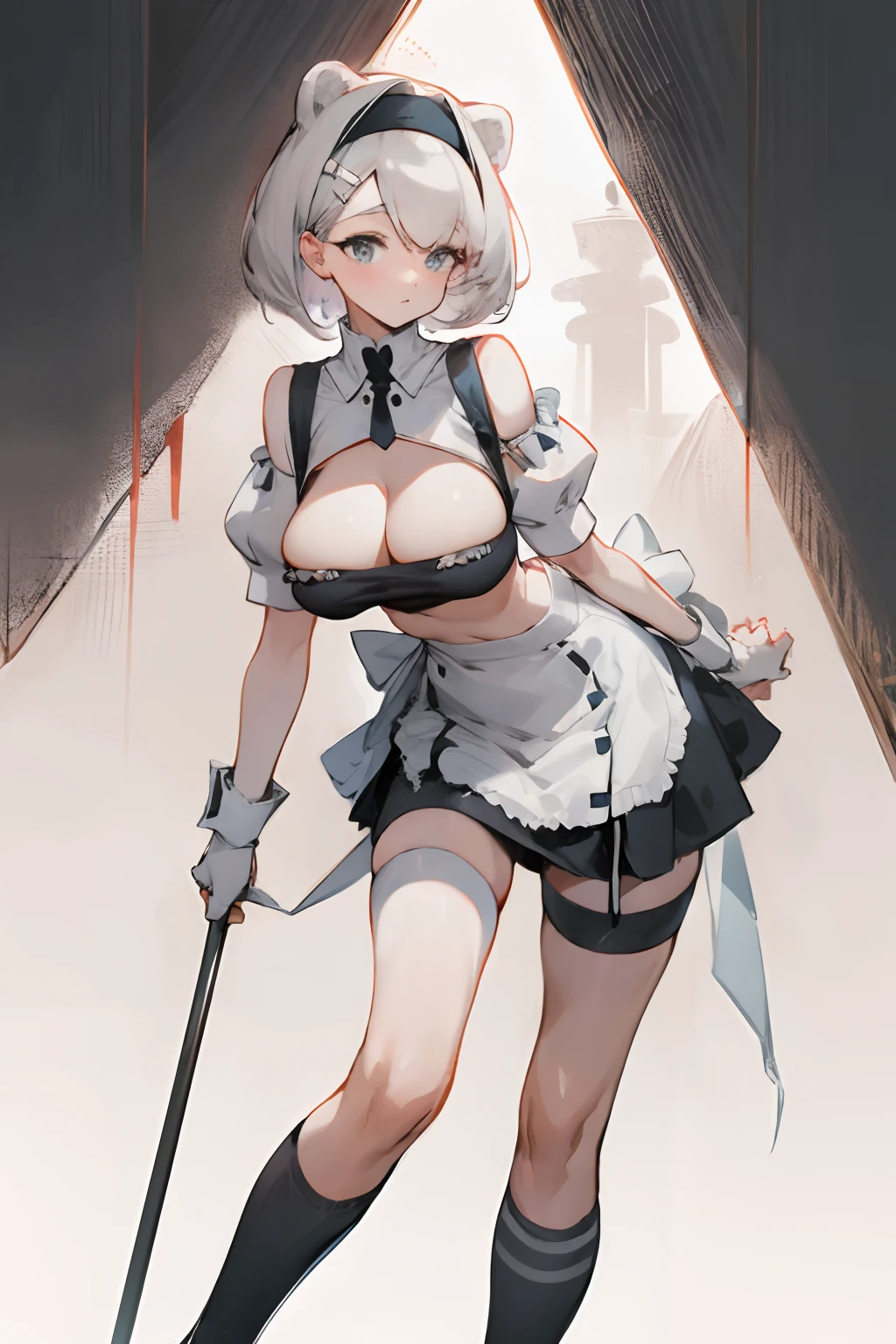 Bigboobs,cropped shoulders,knee length socks,Maids wear,maidennurse,Stand up