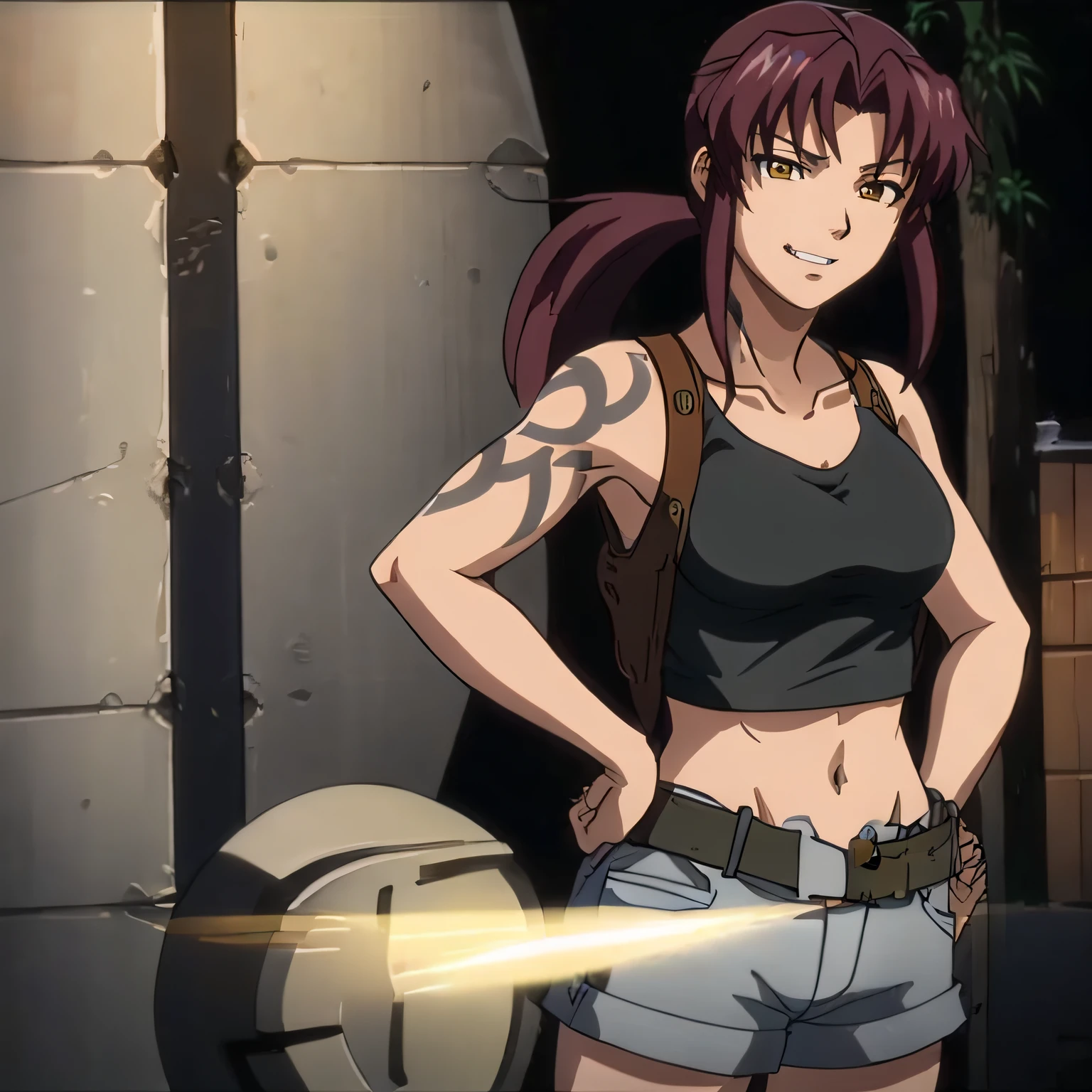 masterpiece,high quality,solo,outdoors, smirk,open mouth,hands on the hips, revy,1woman, long hair,ponytail,brown hair,yellow eyes,tattoo,shoulder tattoo,arm tattoo, collarbone,cleavage,breasts,bare shoulders,black tank top,shoulder holster, midriff,, breasts