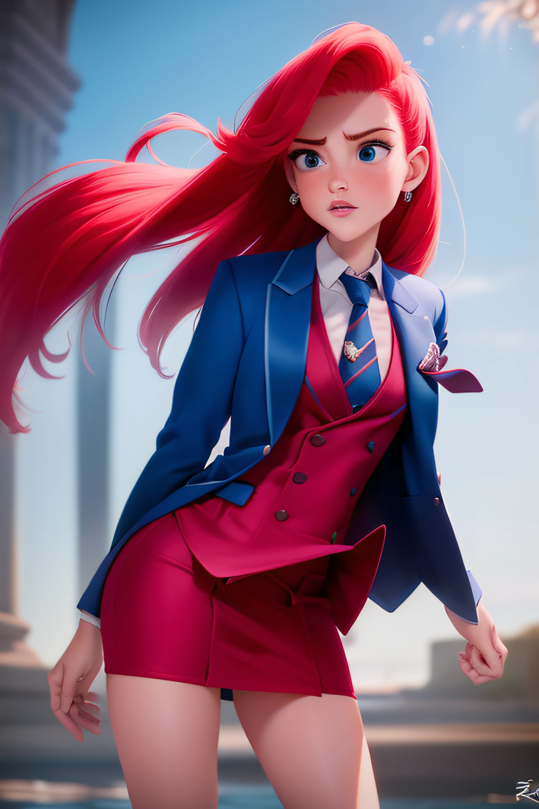 xyzariel, 1girl, full body, hyperrealism, hyper realistic color photo, realistic photography ((hnsrdlf style)), skirt suit, (((three-piece suit))), (((necktie))), blazer, (((suit jacket))), (((waistcoat))), double-breasted waistcoat, bodycon miniskirt, pencil skirt, standing