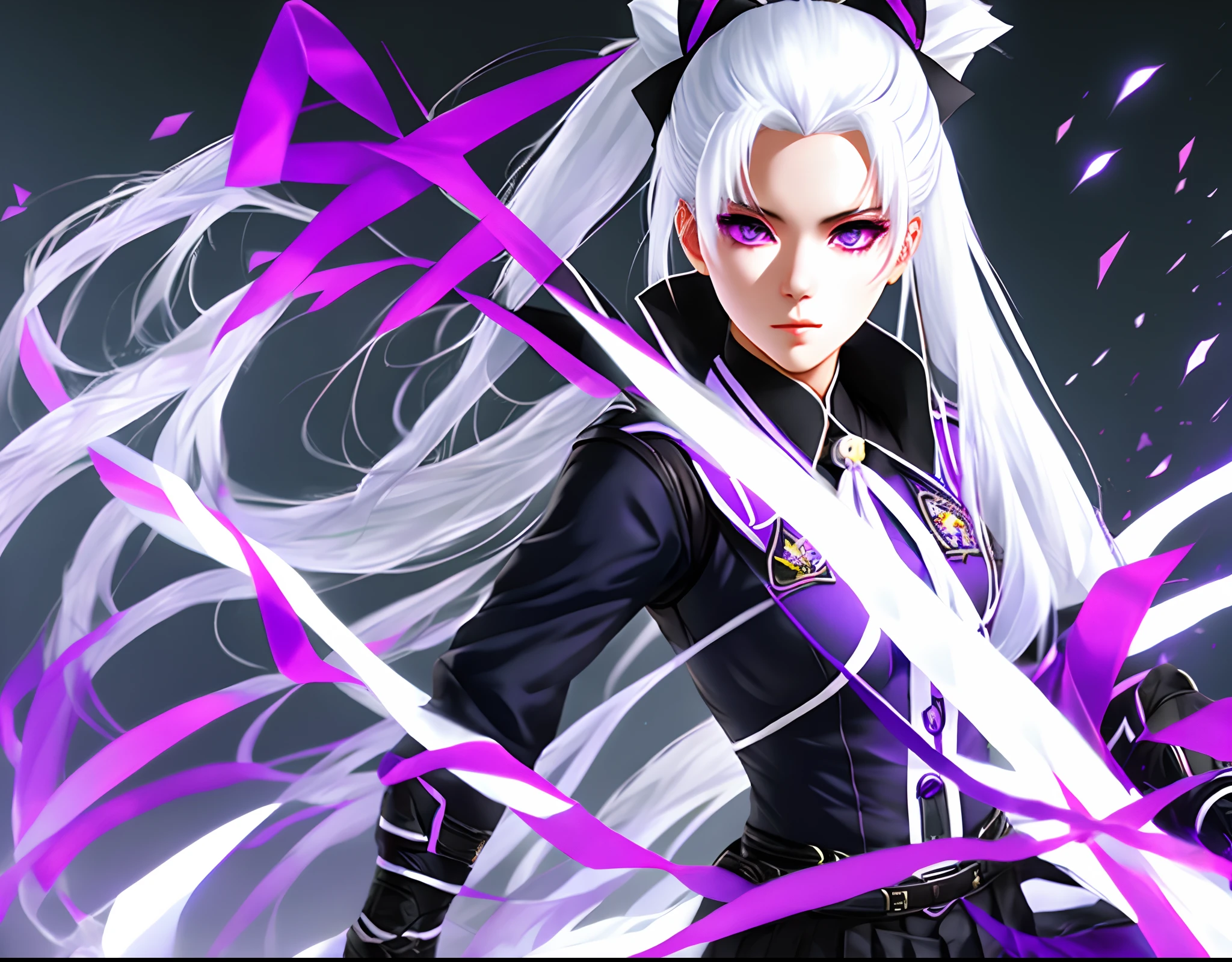 A woman with white hair, twin tails, white paper with black ribbons, purple eyes and a purple color in a special attack uniform(About 18)