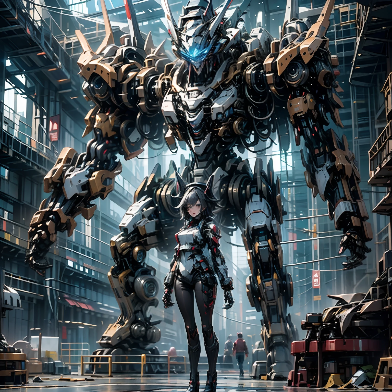 ((tmasterpiece,best qualtiy)),Large mechanical robot structure,1girl stands in front of the audience