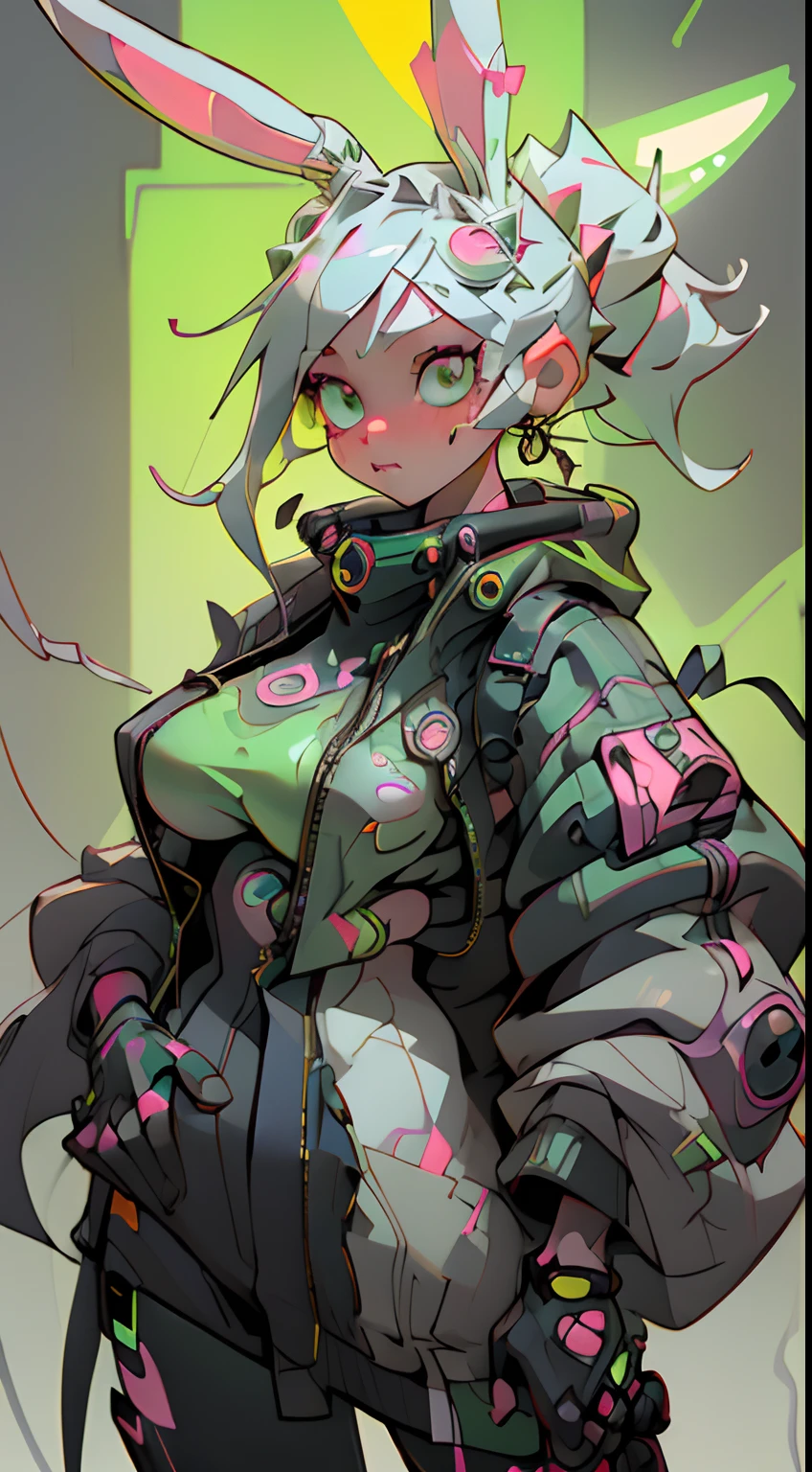 (the Extremely Detailed CG Unity 8K Wallpapers、​masterpiece、top-quality、ultra-detailliert)、(The best lighting、Best Shadows、extremely delicate and beautiful)、floating、dynamic ungle、(1girl)、(cyber punk style、neon light)、(reddish:1.3 +Viola+verdant:1.2 +green grass:0.9)The hair、(Cyberpunk attire:1.3、huge tit)、Metallic Silver Accessories、radiant eyes、(Rabbit ears)、hight resolution、3D Art、Unreal Engine 5 Styles