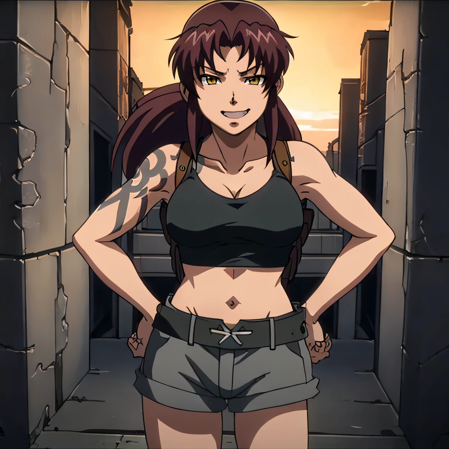 masterpiece,high quality,solo,outdoors, smirk,open mouth,hands on the hips, revy,1woman, long hair,ponytail,brown hair,yellow eyes,tattoo,shoulder tattoo,arm tattoo, collarbone,cleavage,breasts,bare shoulders,black tank top,shoulder holster, midriff,, breasts