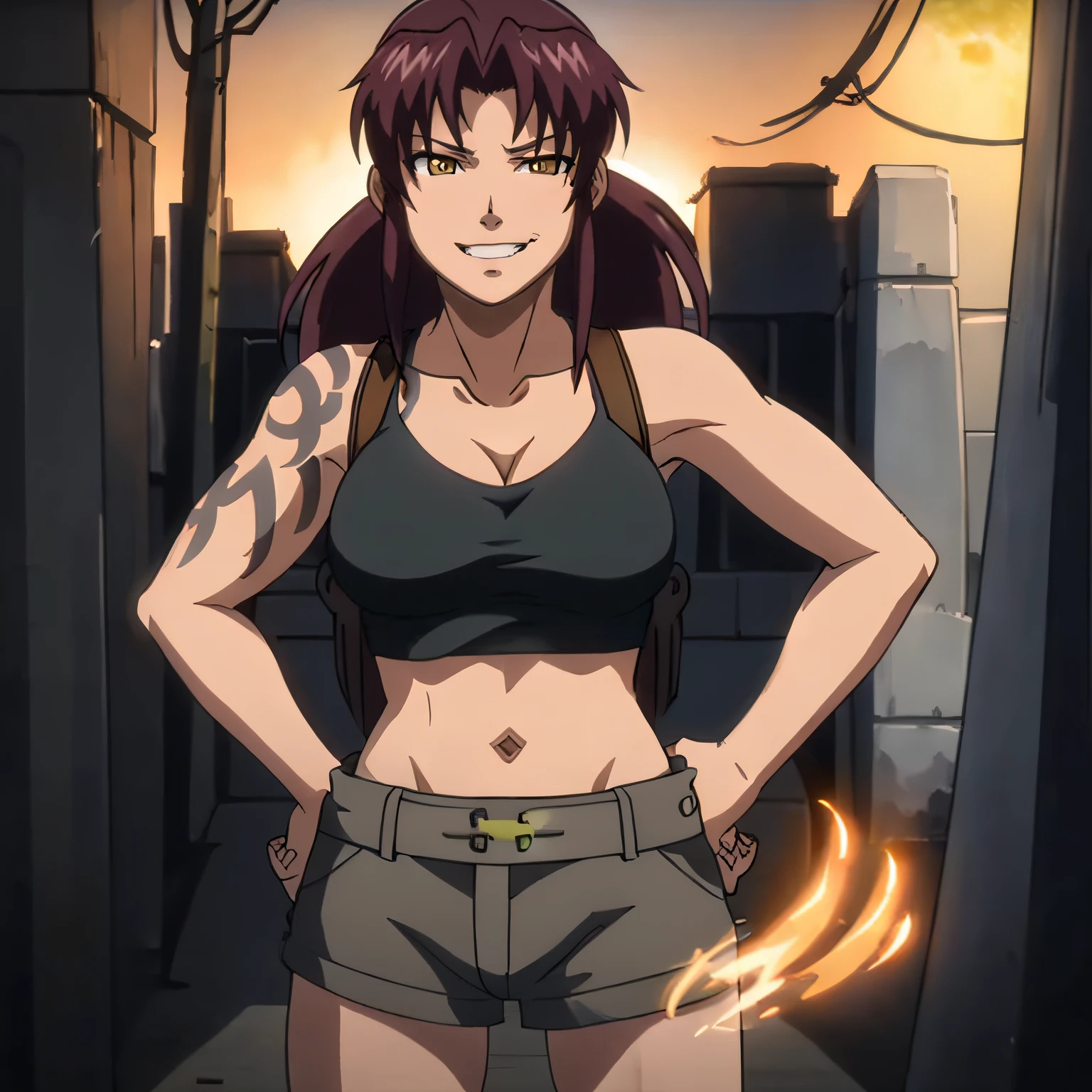 masterpiece,high quality,solo,outdoors, smirk,open mouth,hands on the hips, revy,1woman, long hair,ponytail,brown hair,yellow eyes,tattoo,shoulder tattoo,arm tattoo, collarbone,cleavage,breasts,bare shoulders,black tank top,shoulder holster, midriff,, breasts