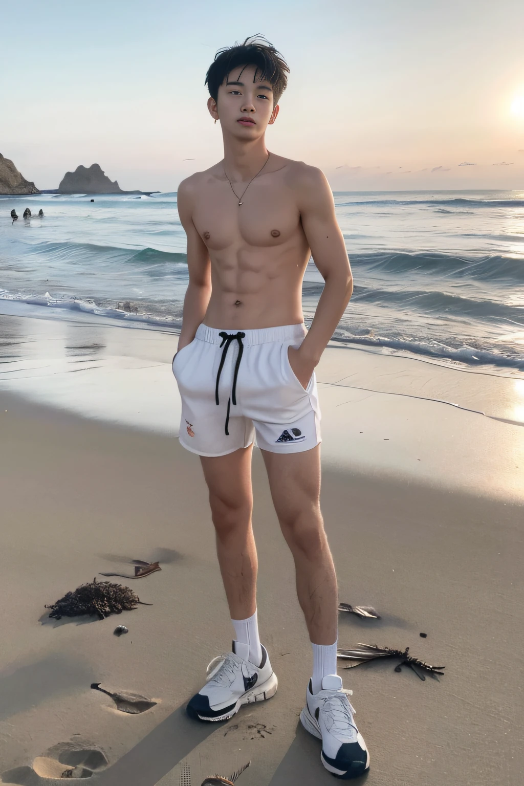 A  boy on the beach,Naked upper body, Wearing gym shorts, whitestocking, Wear sneakers, stand on sand,Wearing sweat, There are abs, junior schoial crushing cap, rough breath, Black hair, Messy hair, High nasal bridge bone，largeeyes，modern, Eye level shots, hyper HD, Masterpiece, ccurate