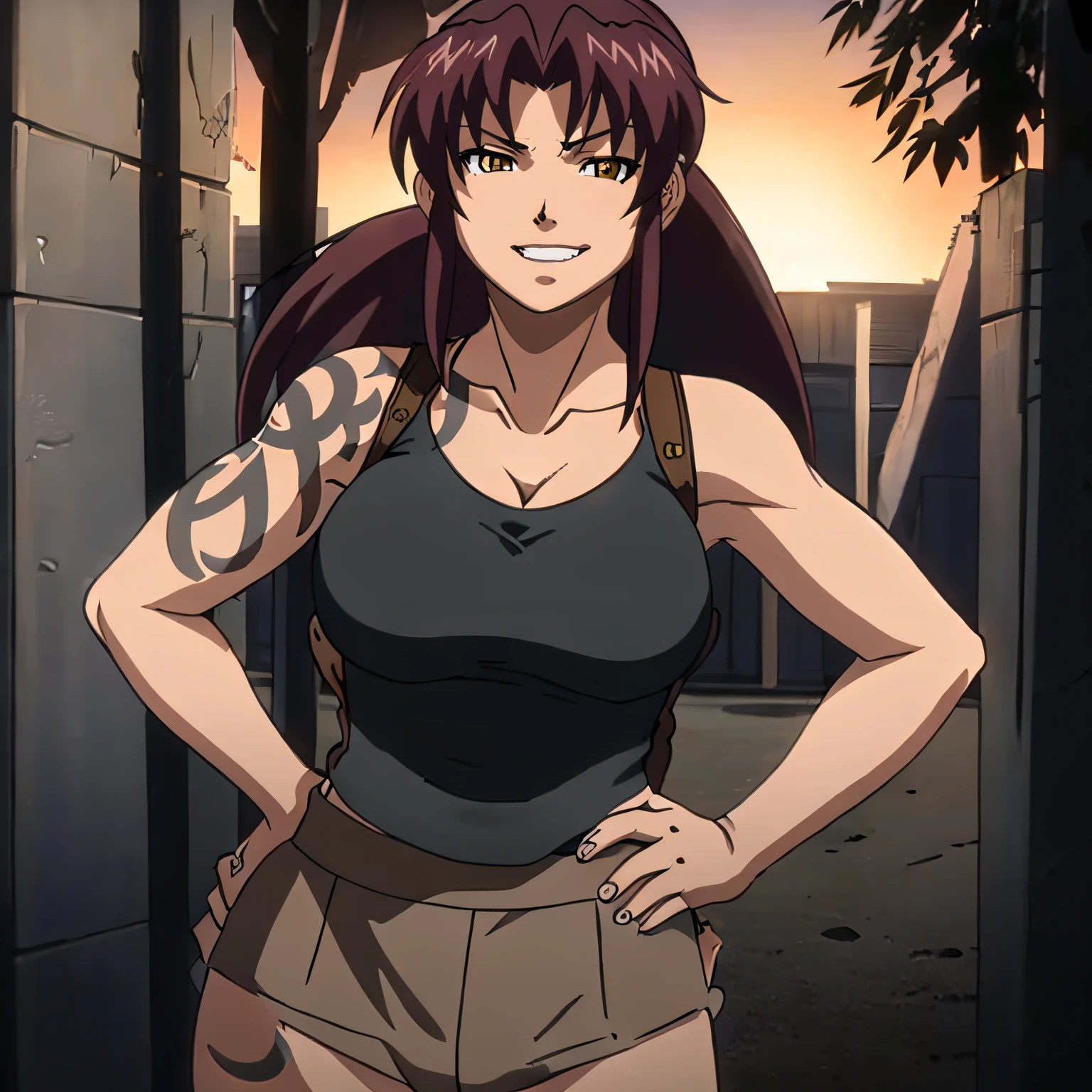 masterpiece,high quality,solo,outdoors, smirk,open mouth,hands on the hips, revy,1woman, long hair,ponytail,brown hair,yellow eyes,tattoo,shoulder tattoo,arm tattoo, collarbone,cleavage,breasts,bare shoulders,black tank top,shoulder holster, midriff,, breasts, big breasts